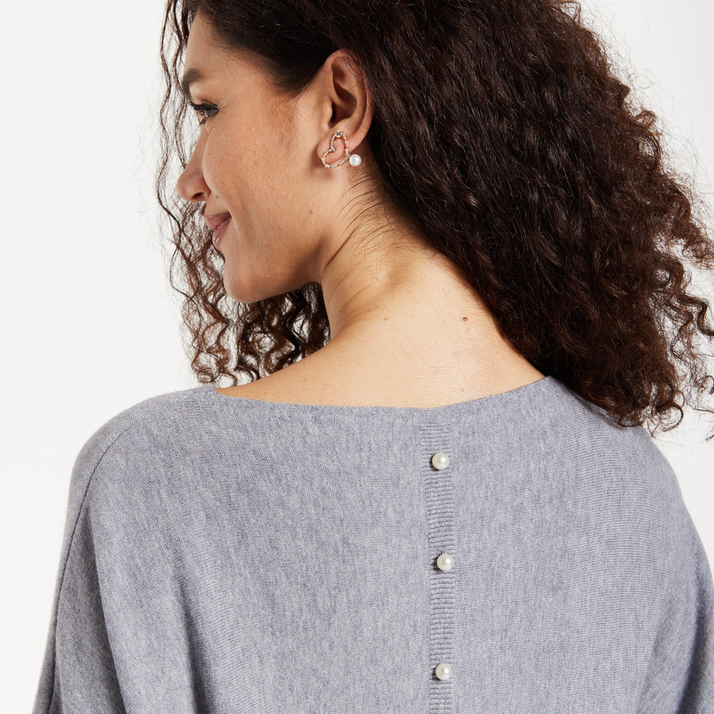 
                  
                    Women's Jumper in Light Grey with Back Pearl-Button Detail and Batwing Sleeves, Perfect for Effortless Style and Comfort - Liquorish
                  
                