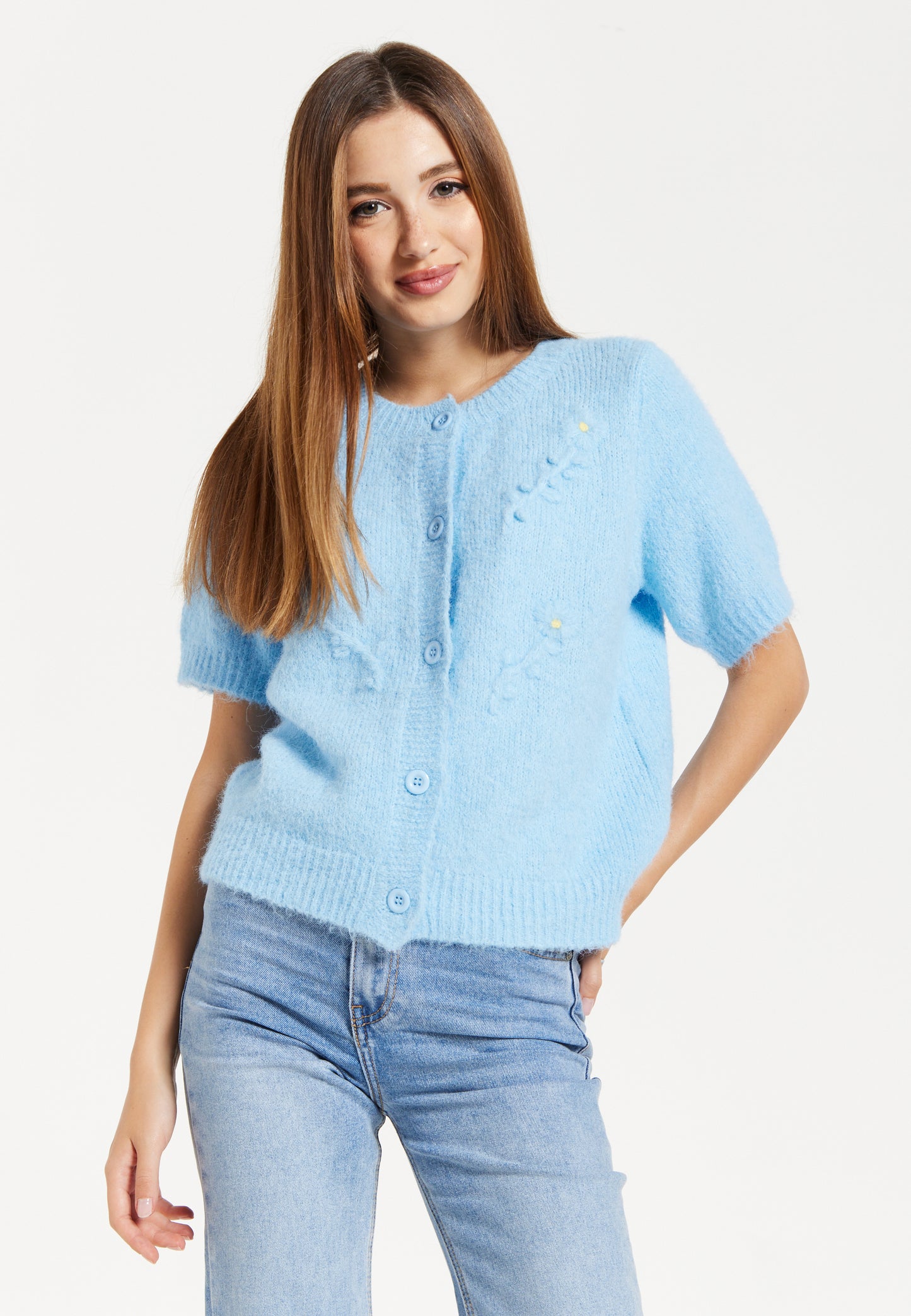 
                  
                    Blue Knitted Floral Short Sleeve Cardigan
                  
                