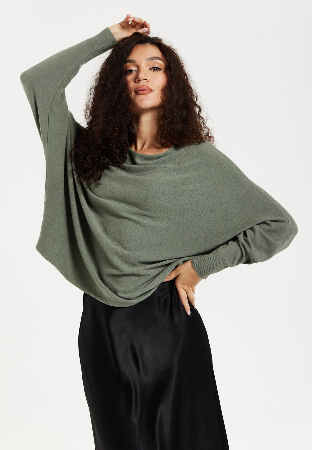 Women's Jumper Khaki Batwing Sleeve Soft Knit with Wide Boat Neckline for Effortless Chic Style