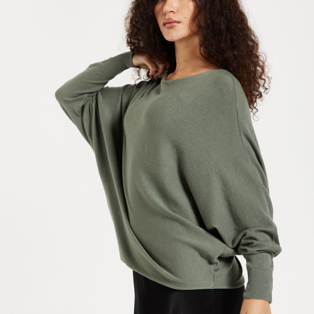 
                  
                    Women's Jumper Khaki Batwing Sleeve Soft Knit with Wide Boat Neckline for Effortless Chic Style
                  
                