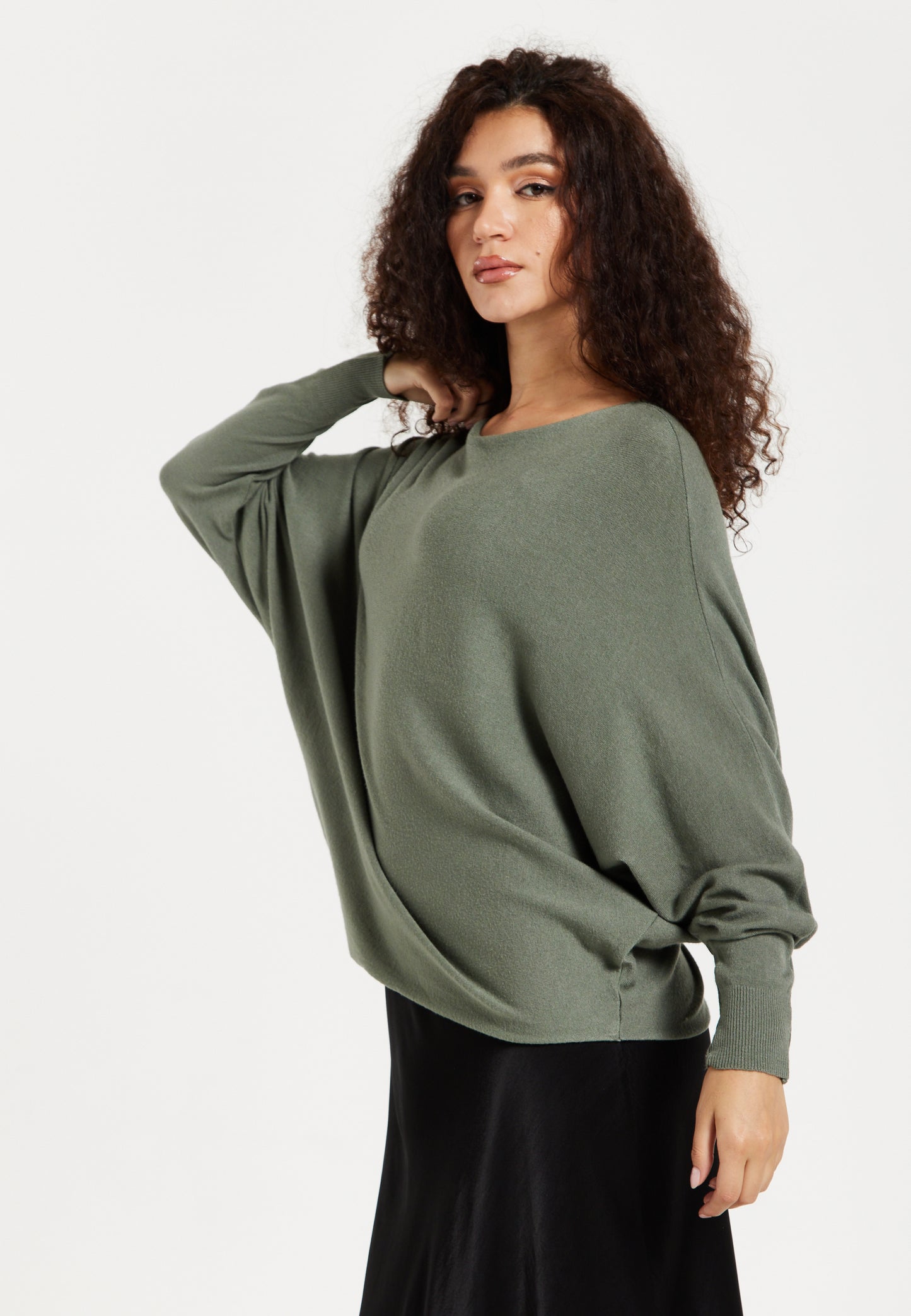 
                  
                    Women's Jumper Khaki Batwing Sleeve Soft Knit with Wide Boat Neckline for Effortless Chic Style
                  
                