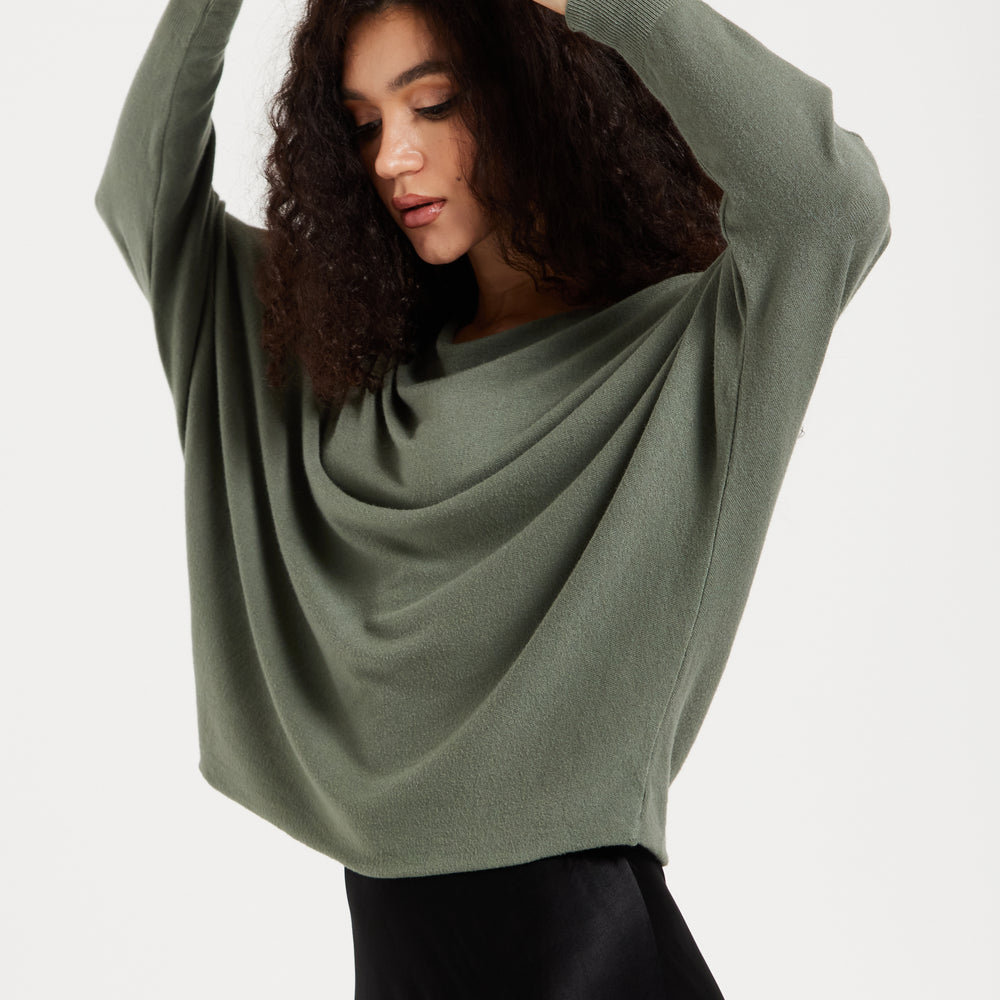 
                  
                    Women's Jumper Khaki Batwing Sleeve Soft Knit with Wide Boat Neckline for Effortless Chic Style
                  
                