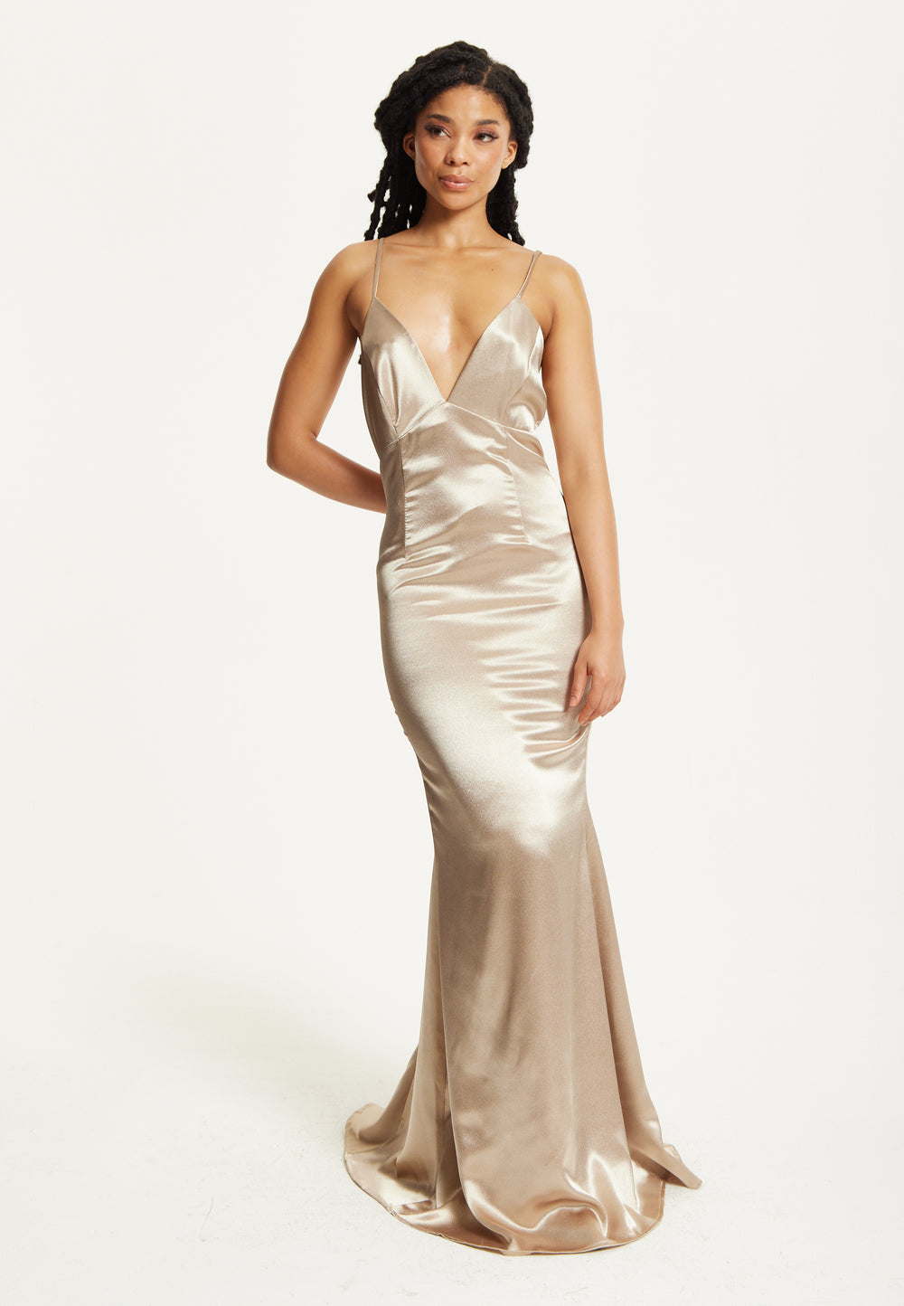 Gold Satin Plunge Maxi Dress