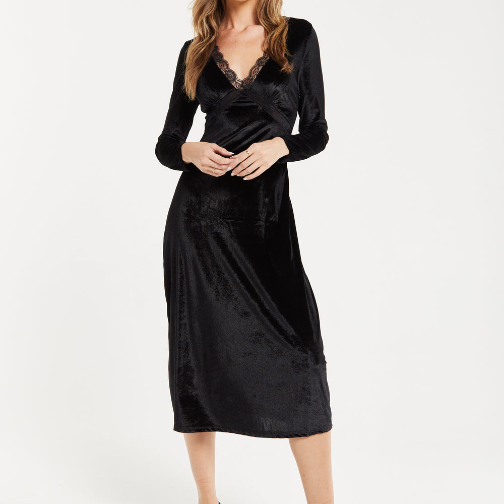 Women's Midi Dress in Black Velvet with Long Sleeves - Elegant Lace De Liquorish Online Women's Midi Dress in Black Velvet with Long Sleeves - Elegant Lace De Liquorish Online