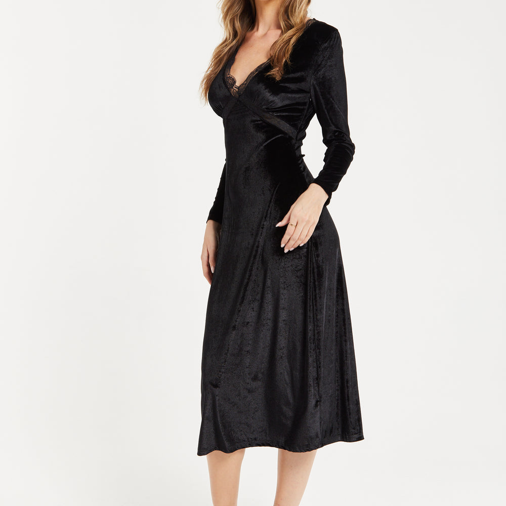 
                  
                    Women's Midi Dress in Black Velvet with Long Sleeves - Elegant Lace Details by Liquorish
                  
                