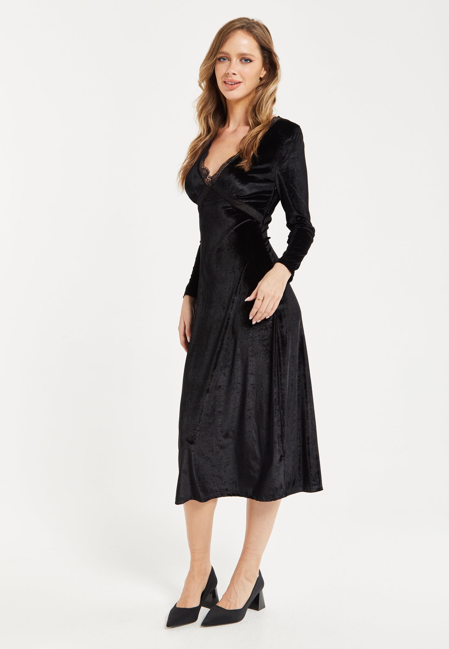 
                  
                    Women's Midi Dress in Black Velvet with Long Sleeves - Elegant Lace Details by Liquorish
                  
                