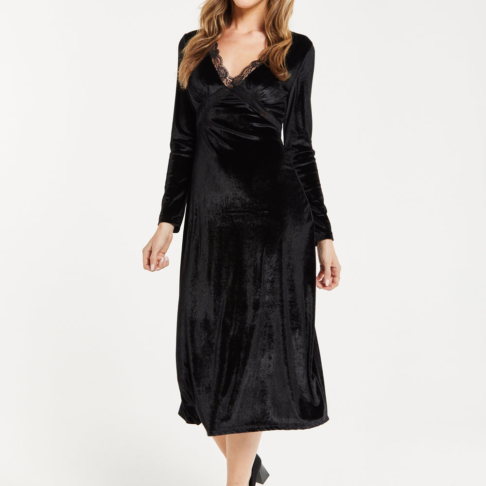 
                  
                    Women's Midi Dress in Black Velvet with Long Sleeves - Elegant Lace Details by Liquorish
                  
                