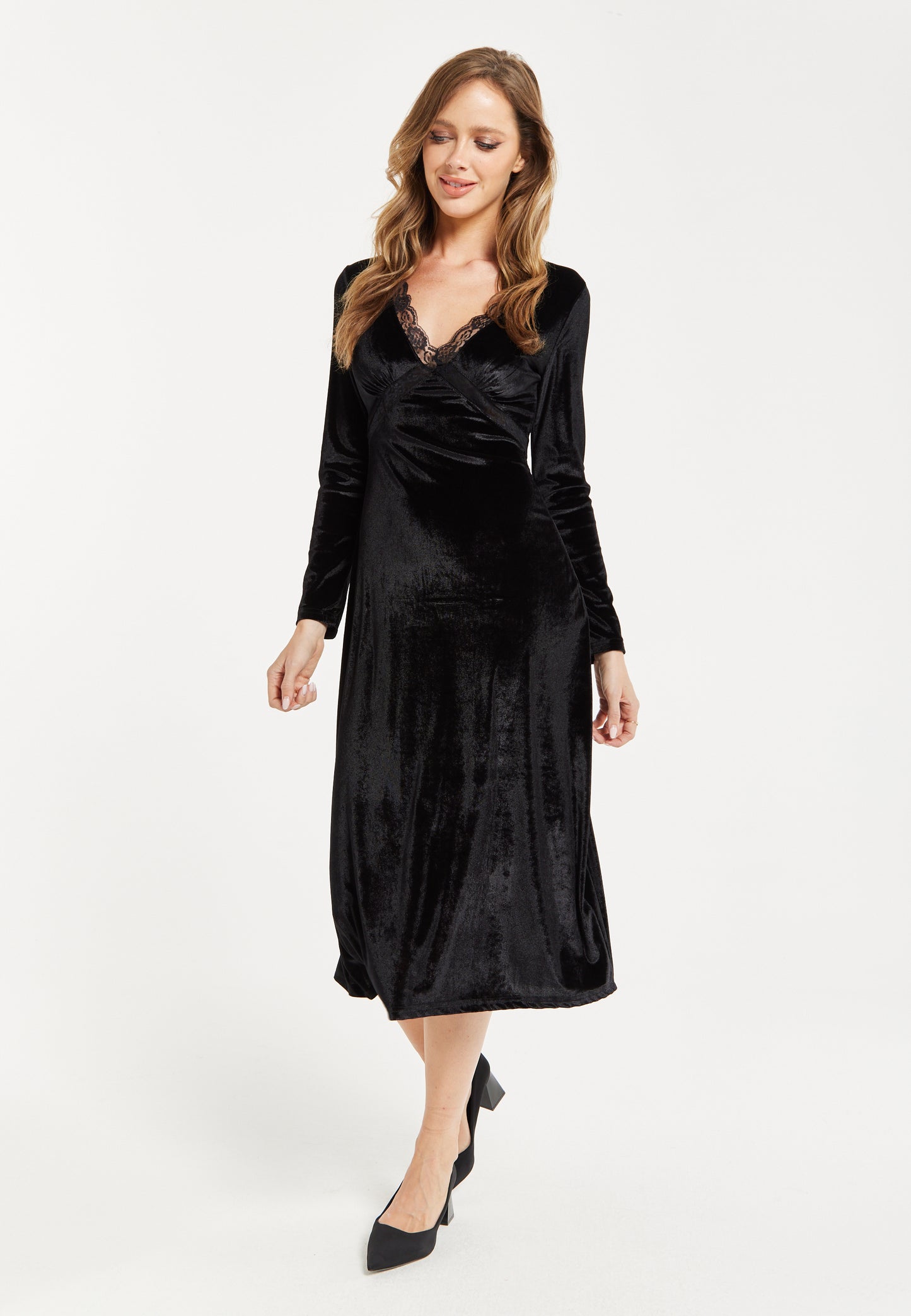 
                  
                    Women's Midi Dress in Black Velvet with Long Sleeves - Elegant Lace Details by Liquorish
                  
                