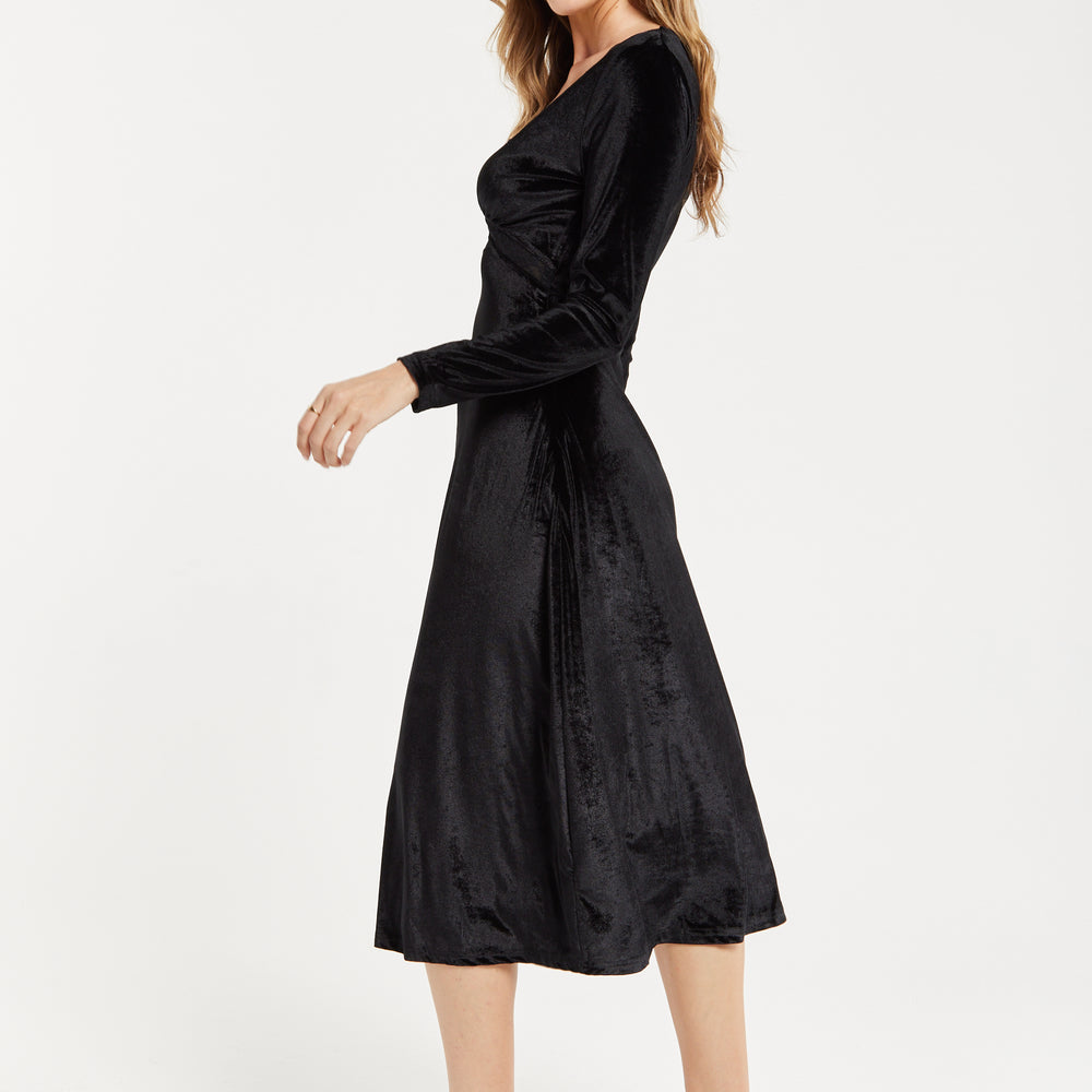 
                  
                    Women's Midi Dress in Black Velvet with Long Sleeves - Elegant Lace Details by Liquorish
                  
                