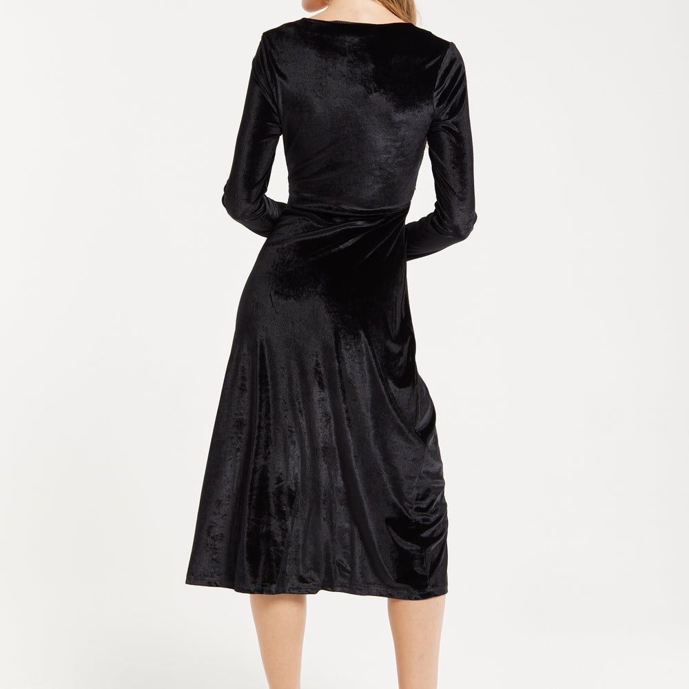 
                  
                    Women's Midi Dress in Black Velvet with Long Sleeves - Elegant Lace Details by Liquorish
                  
                