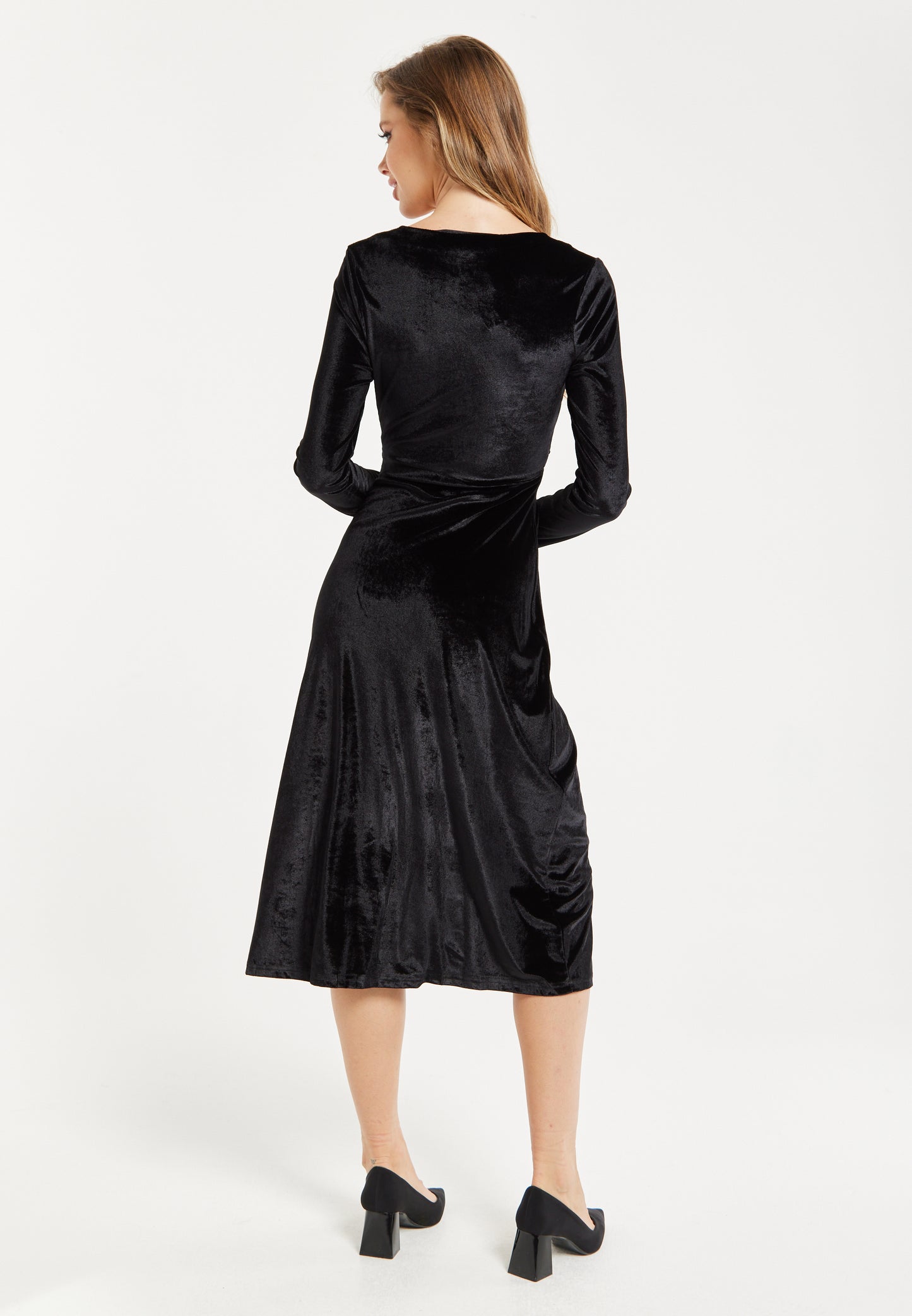 
                  
                    Women's Midi Dress in Black Velvet with Long Sleeves - Elegant Lace Details by Liquorish
                  
                