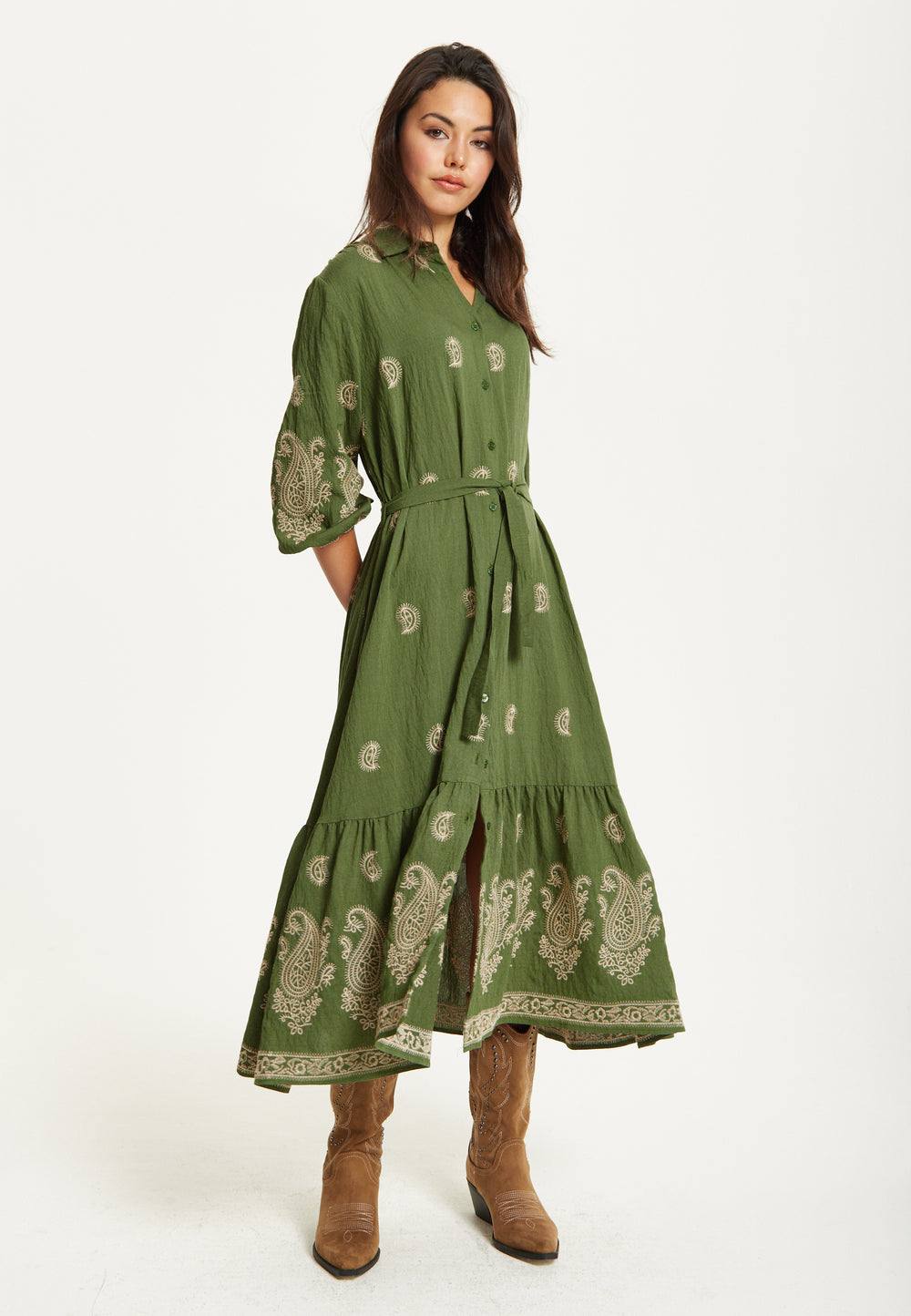 Paisley Embroidered Midi Shirt Dress