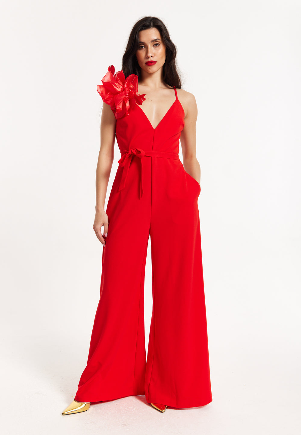 Red Floral Shoulder Wide-Leg Jumpsuit