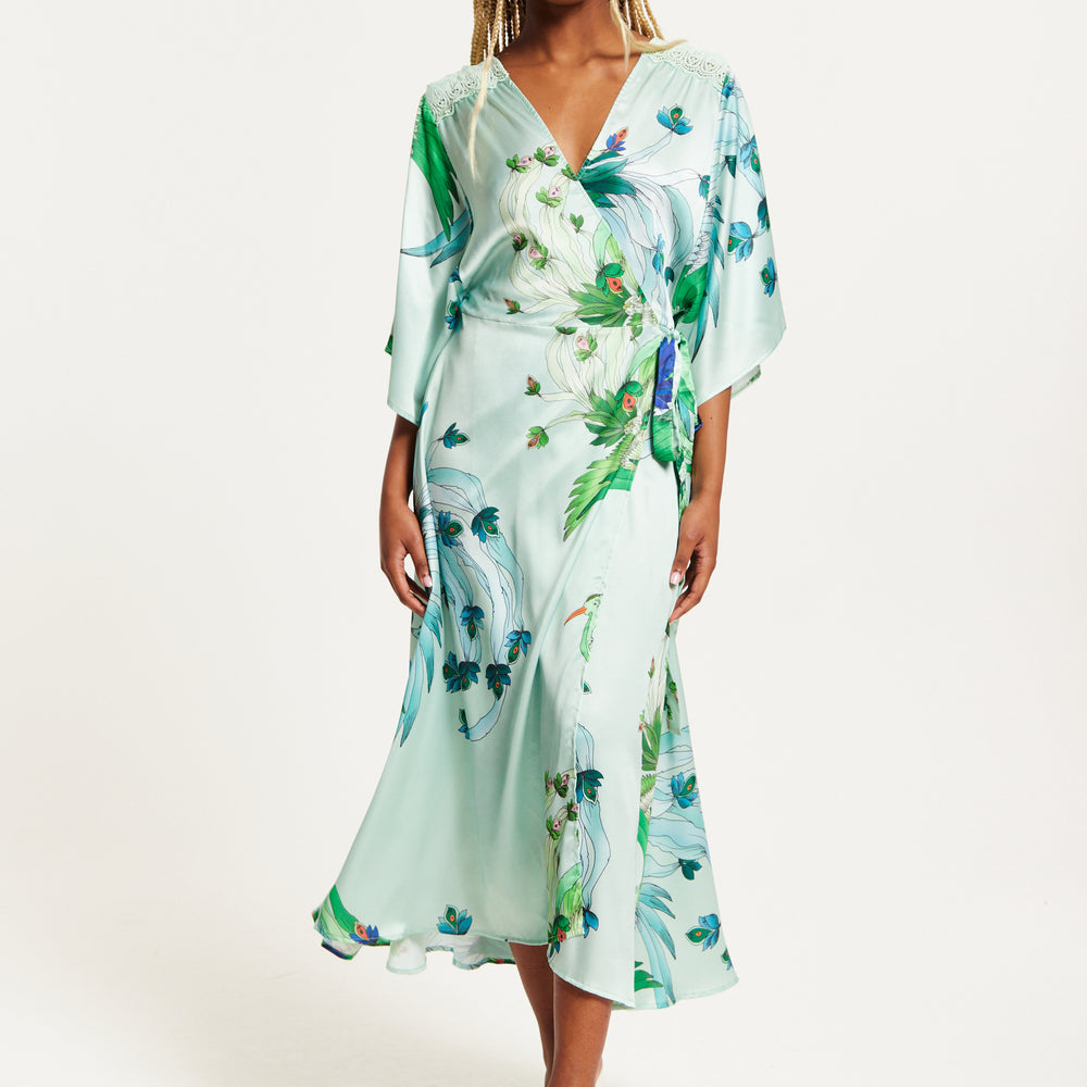 
                  
                    Liquorish Mint Green Bird And Floral Wrap Maxi Dress With Lace Details
                  
                