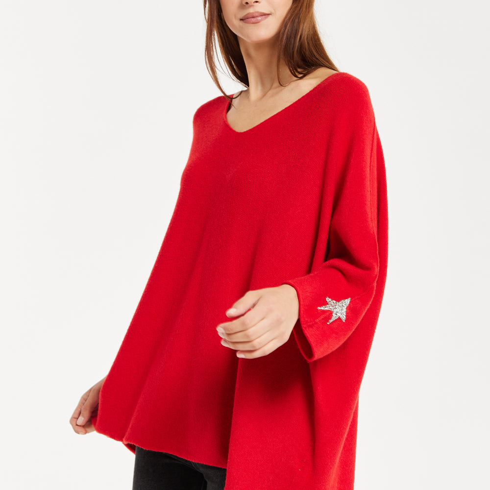 
                  
                    Women's Red Oversized V-Neck Jumper with Star Embellishment by Liquorish
                  
                