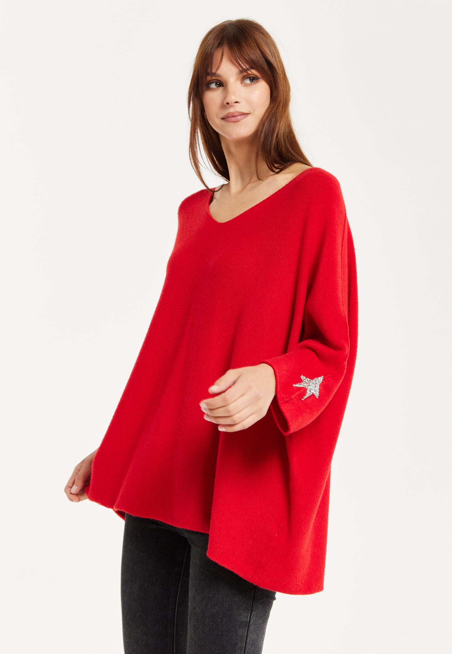 
                  
                    Women's Red Oversized V-Neck Jumper with Star Embellishment by Liquorish
                  
                