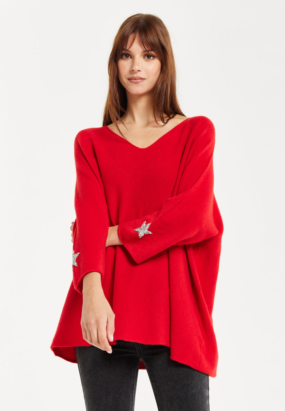 Women's Red Oversized V-Neck Jumper with Star Embellishment by Liquorish