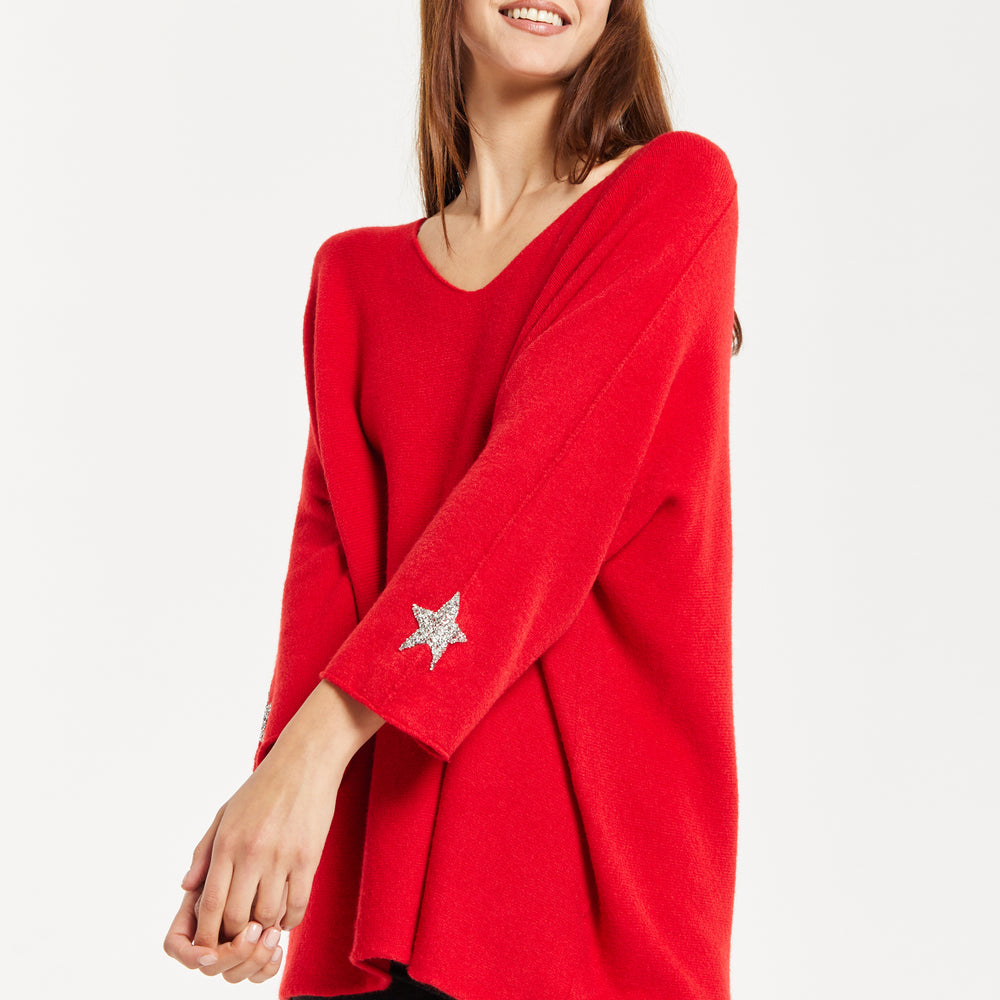 
                  
                    Women's Red Oversized V-Neck Jumper with Star Embellishment by Liquorish
                  
                