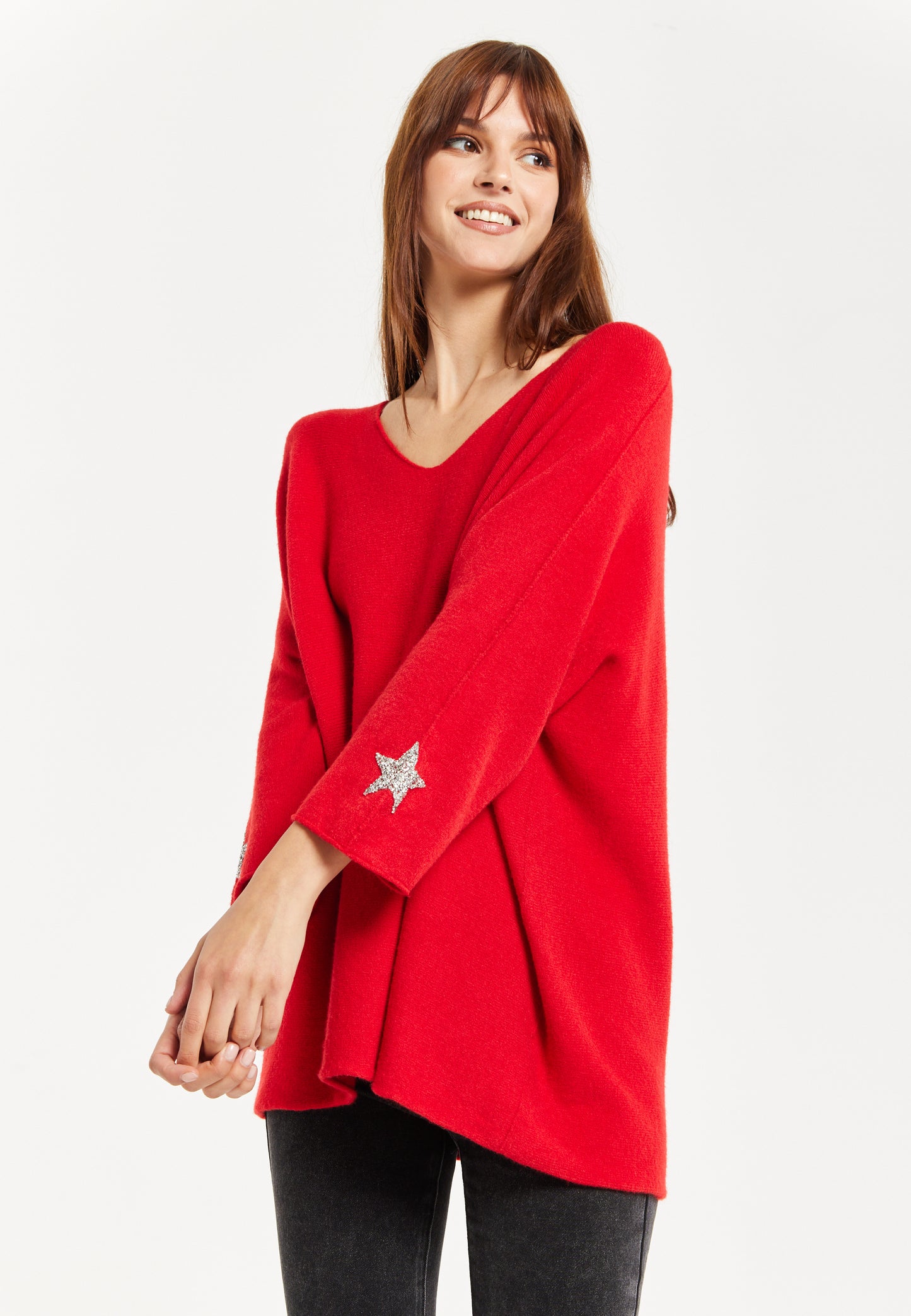 
                  
                    Women's Red Oversized V-Neck Jumper with Star Embellishment by Liquorish
                  
                