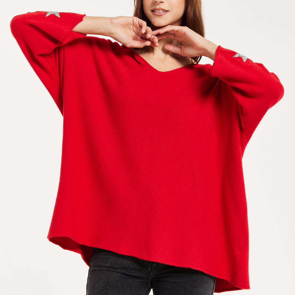 
                  
                    Women's Red Oversized V-Neck Jumper with Star Embellishment by Liquorish
                  
                