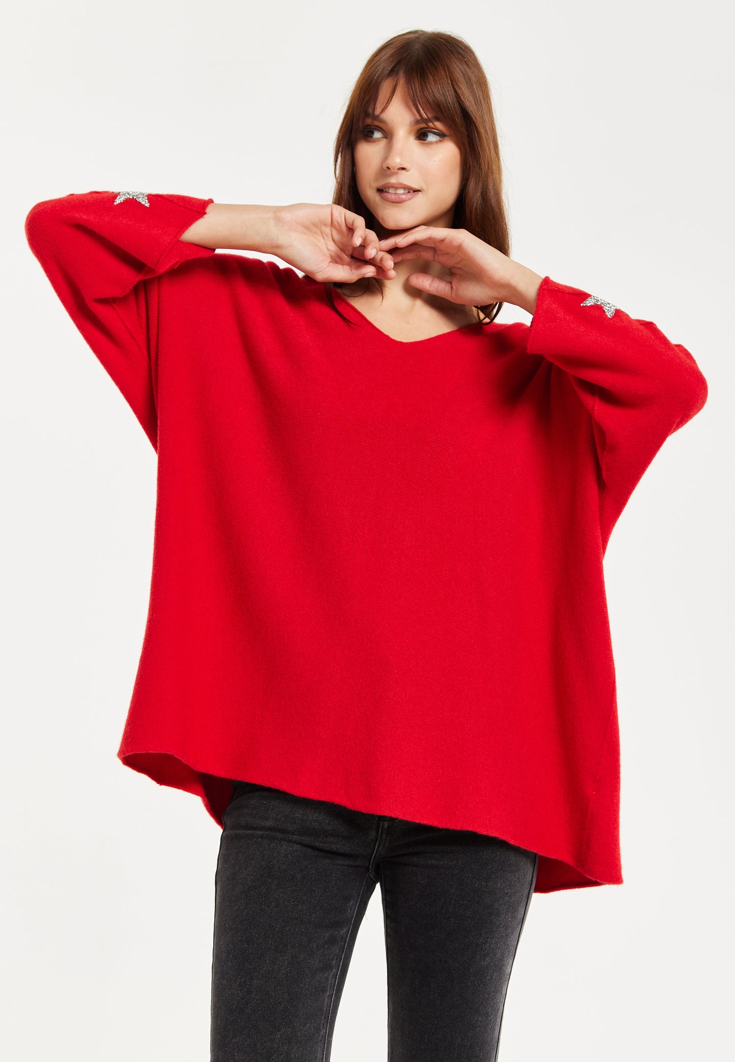 
                  
                    Women's Red Oversized V-Neck Jumper with Star Embellishment by Liquorish
                  
                