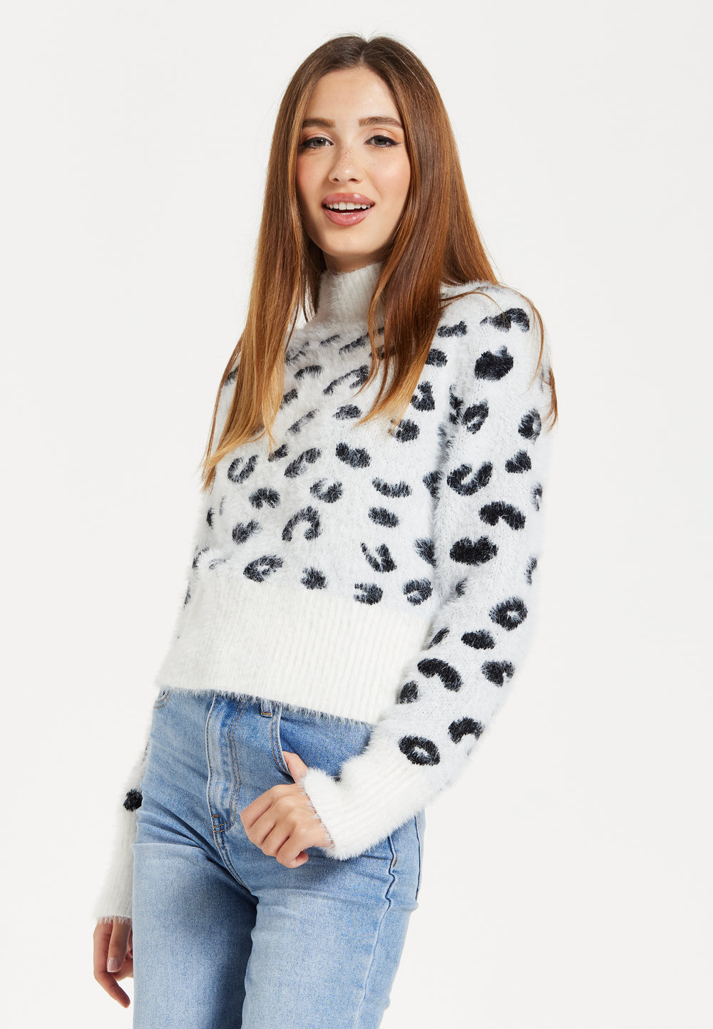 Women's Jumper with Fluffy Leopard Print in Black and White, Turtle Neck, Long Sleeves, Regular Fit