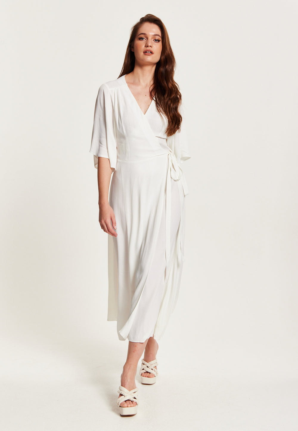 Liquorish Midi Wrap Dress With Kimono Sleeves In White