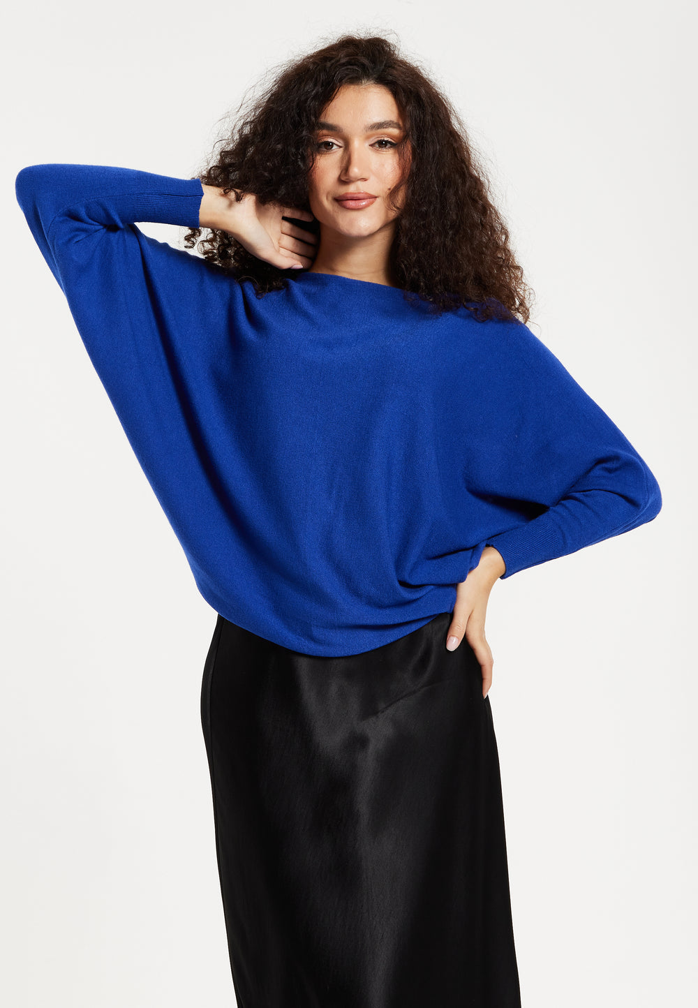 Women's Jumper in Royal Blue with Batwing Sleeves and Back Pearl-Button Detail, Liquorish