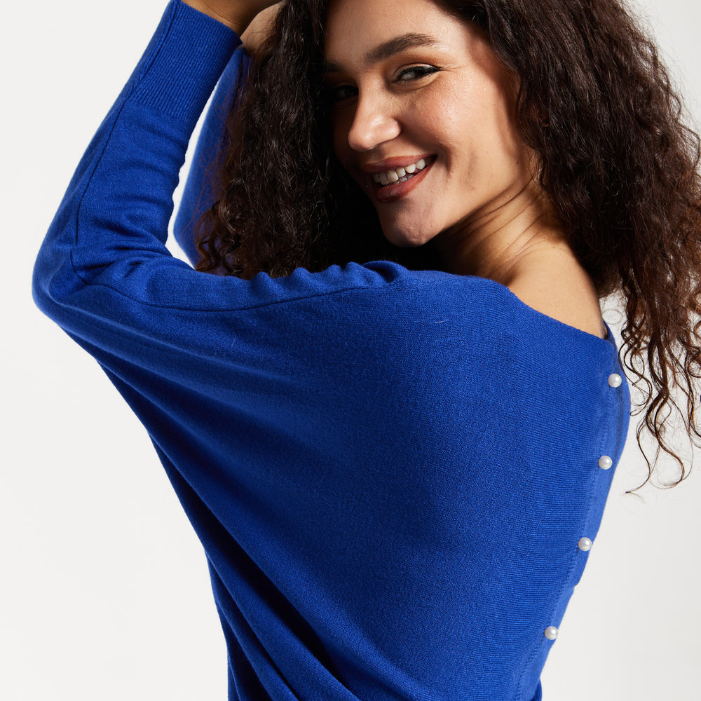 
                  
                    Women's Jumper in Royal Blue with Batwing Sleeves and Back Pearl-Button Detail, Liquorish
                  
                