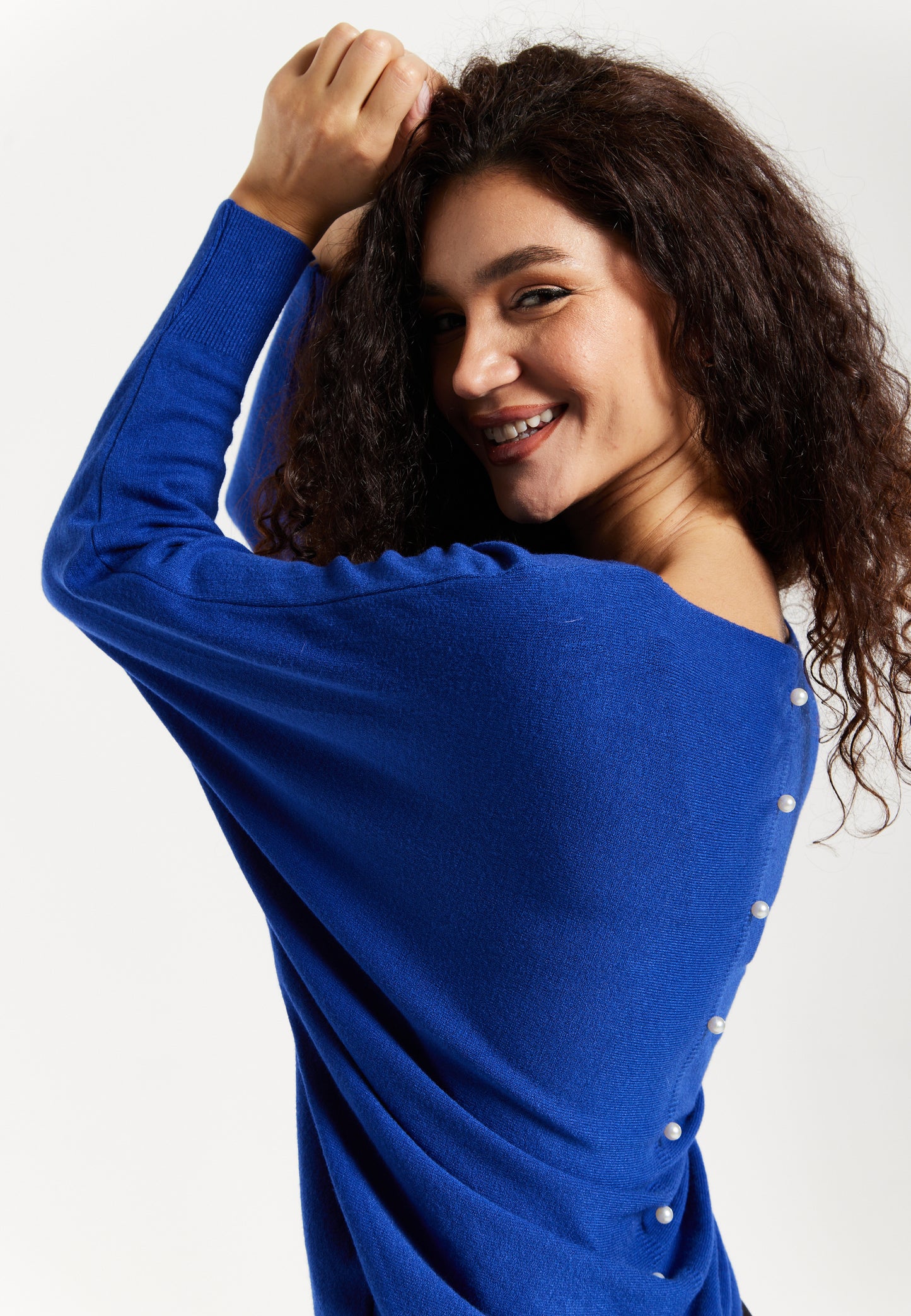 
                  
                    Women's Jumper in Royal Blue with Batwing Sleeves and Back Pearl-Button Detail, Liquorish
                  
                