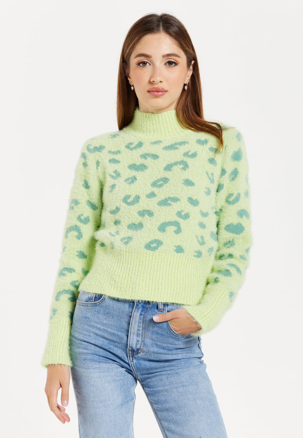 Women's Jumper in Green with Fluffy Texture, Leopard Print, Turtle Neck, and Long Sleeves - Regular Fit