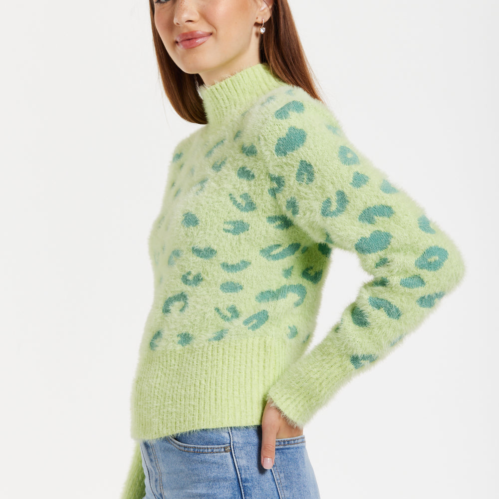 
                  
                    Women's Jumper in Green with Fluffy Texture, Leopard Print, Turtle Neck, and Long Sleeves - Regular Fit
                  
                