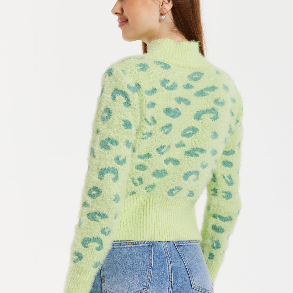 
                  
                    Women's Jumper in Green with Fluffy Texture, Leopard Print, Turtle Neck, and Long Sleeves - Regular Fit
                  
                