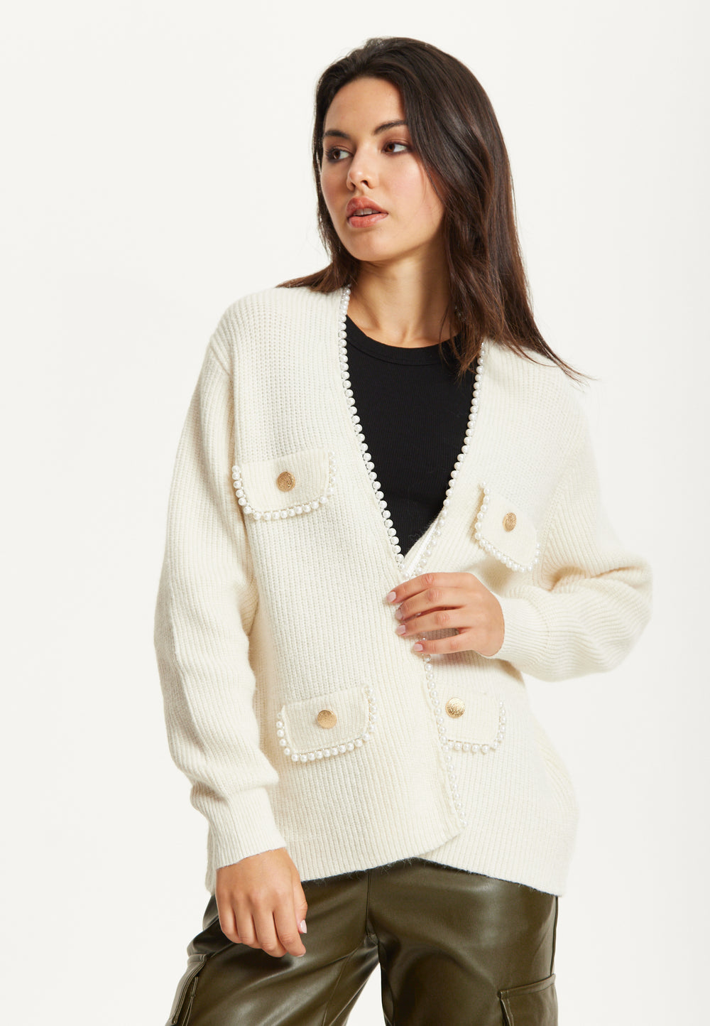 Ivory Wool Blend Pearl Trim Cardigan
