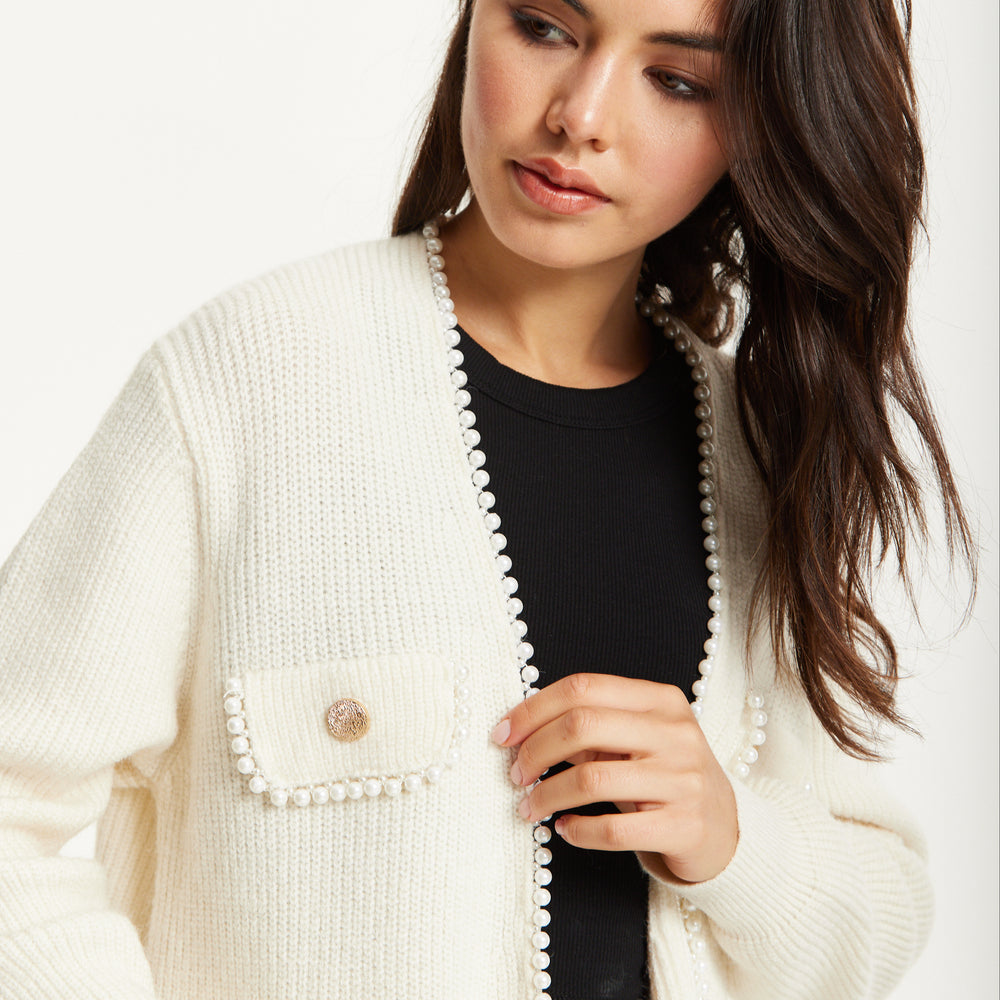 
                  
                    Ivory Wool Blend Pearl Trim Cardigan
                  
                