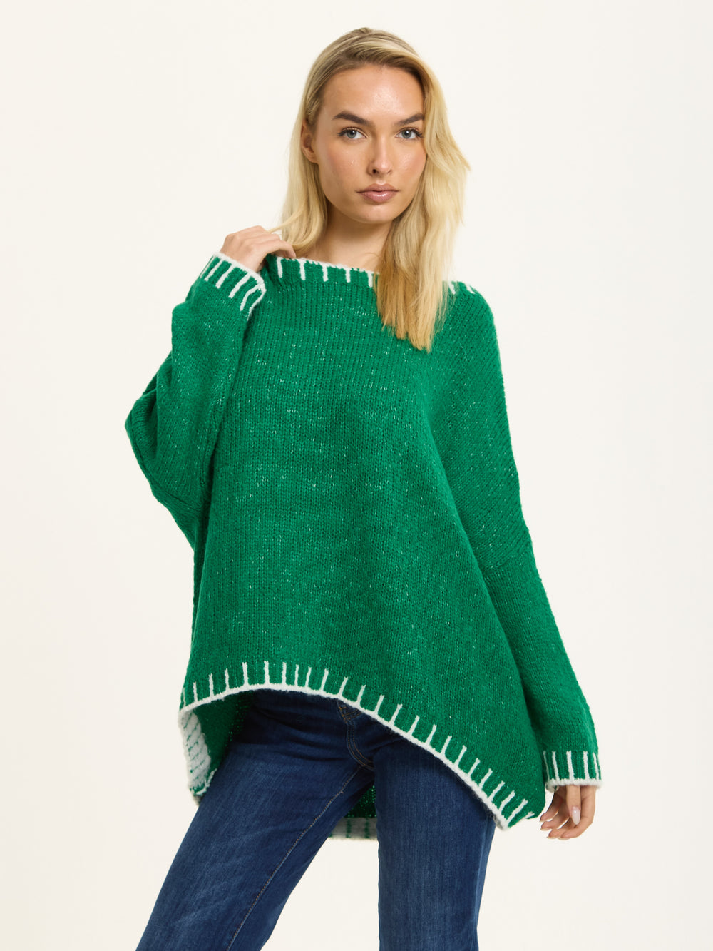 Green Wool Blend Jumper White Trim