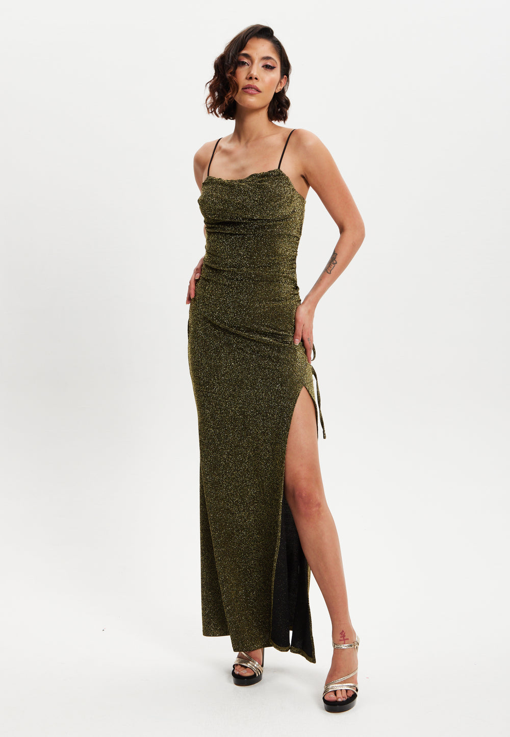 Women's Maxi Dress in Gold with Sleeveless Design and Thigh-High Split - Liquorish