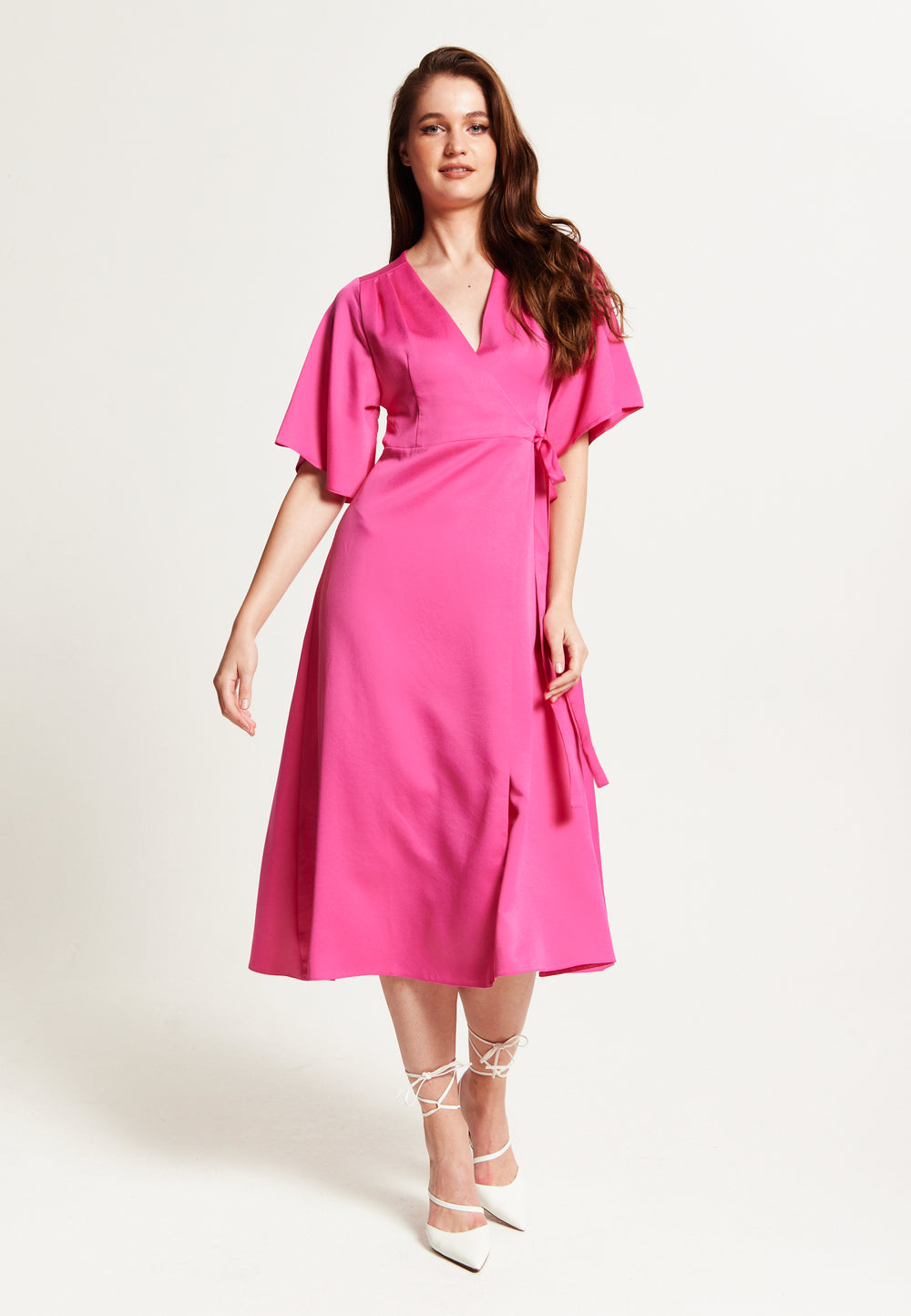 Liquorish Pink Midi Wrap Dress With Kimono Sleeves