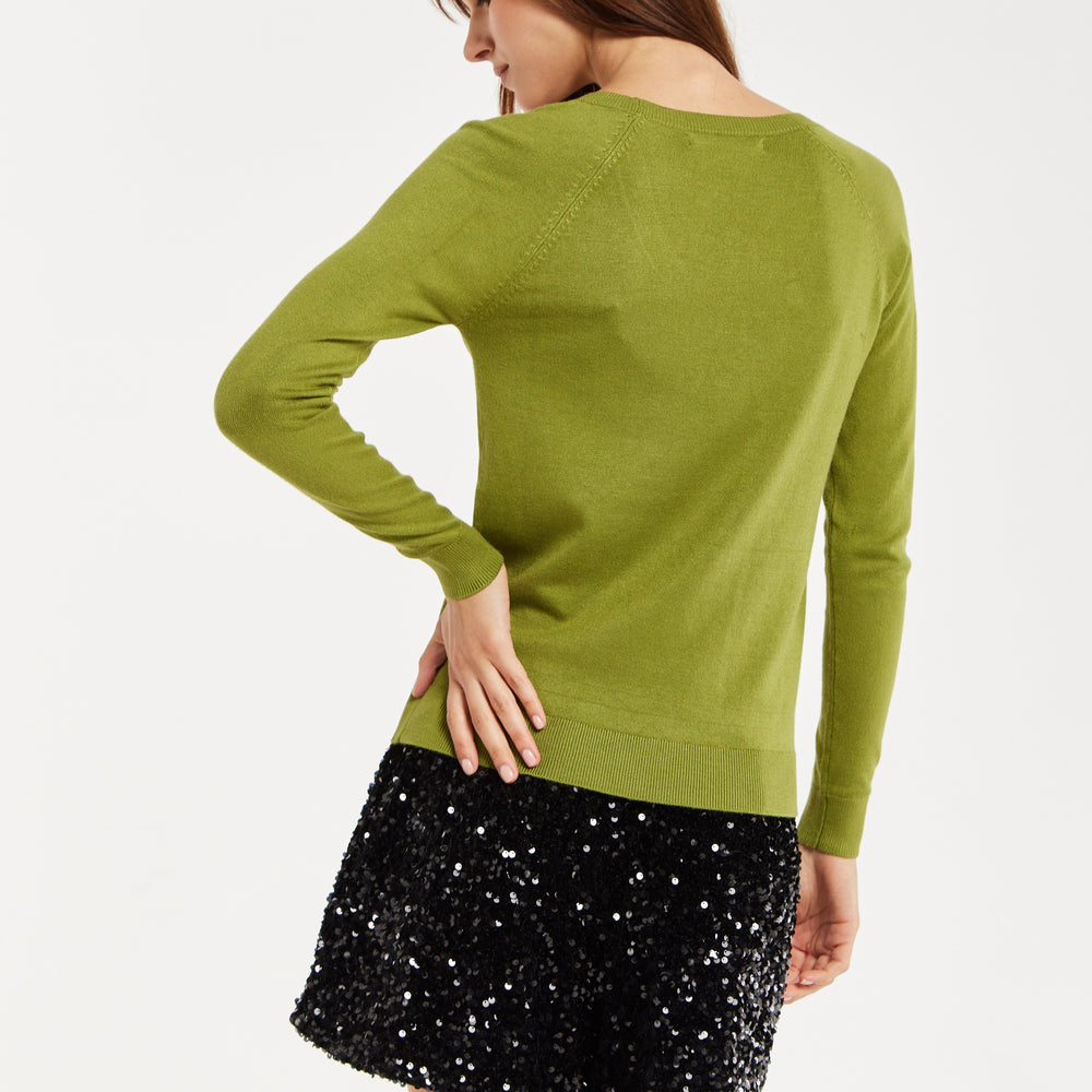 
                  
                    Liquorish Classic Round Neck Olive Pullover
                  
                