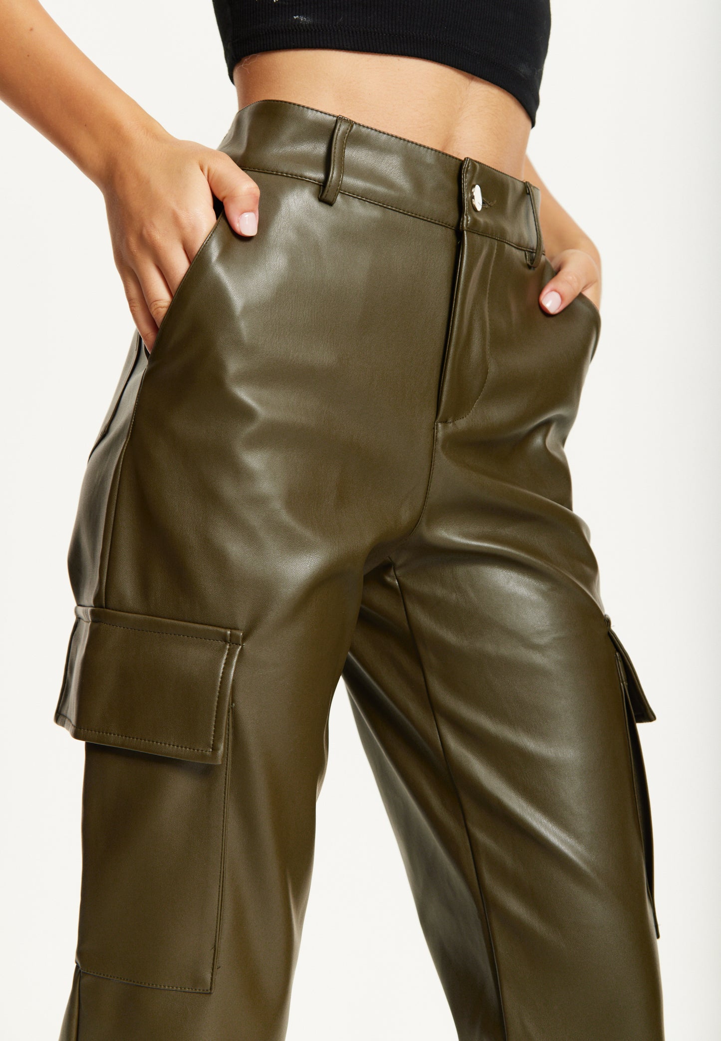 
                  
                    Khaki Faux Leather Cargo Trousers
                  
                