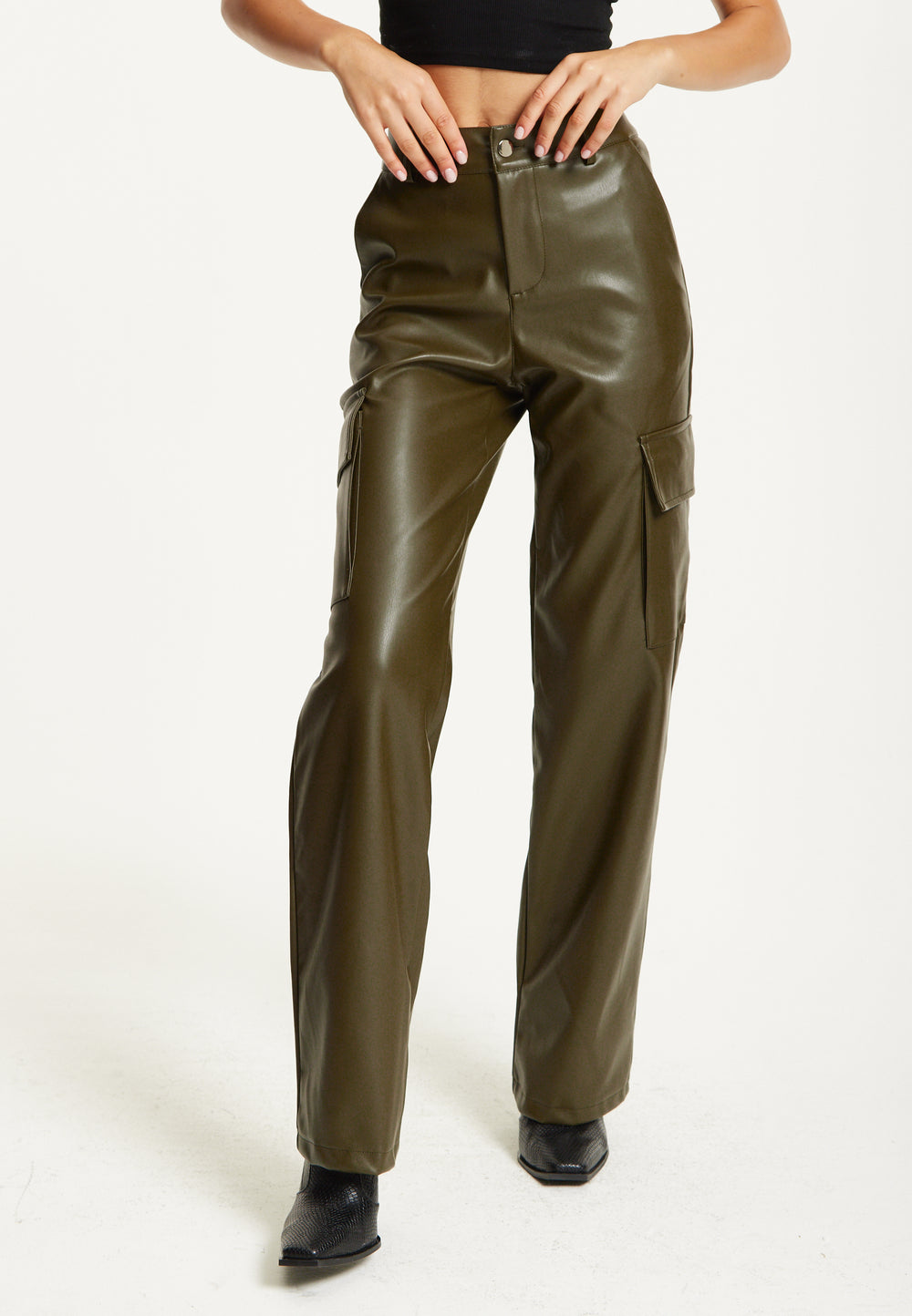 Khaki Faux Leather Cargo Trousers