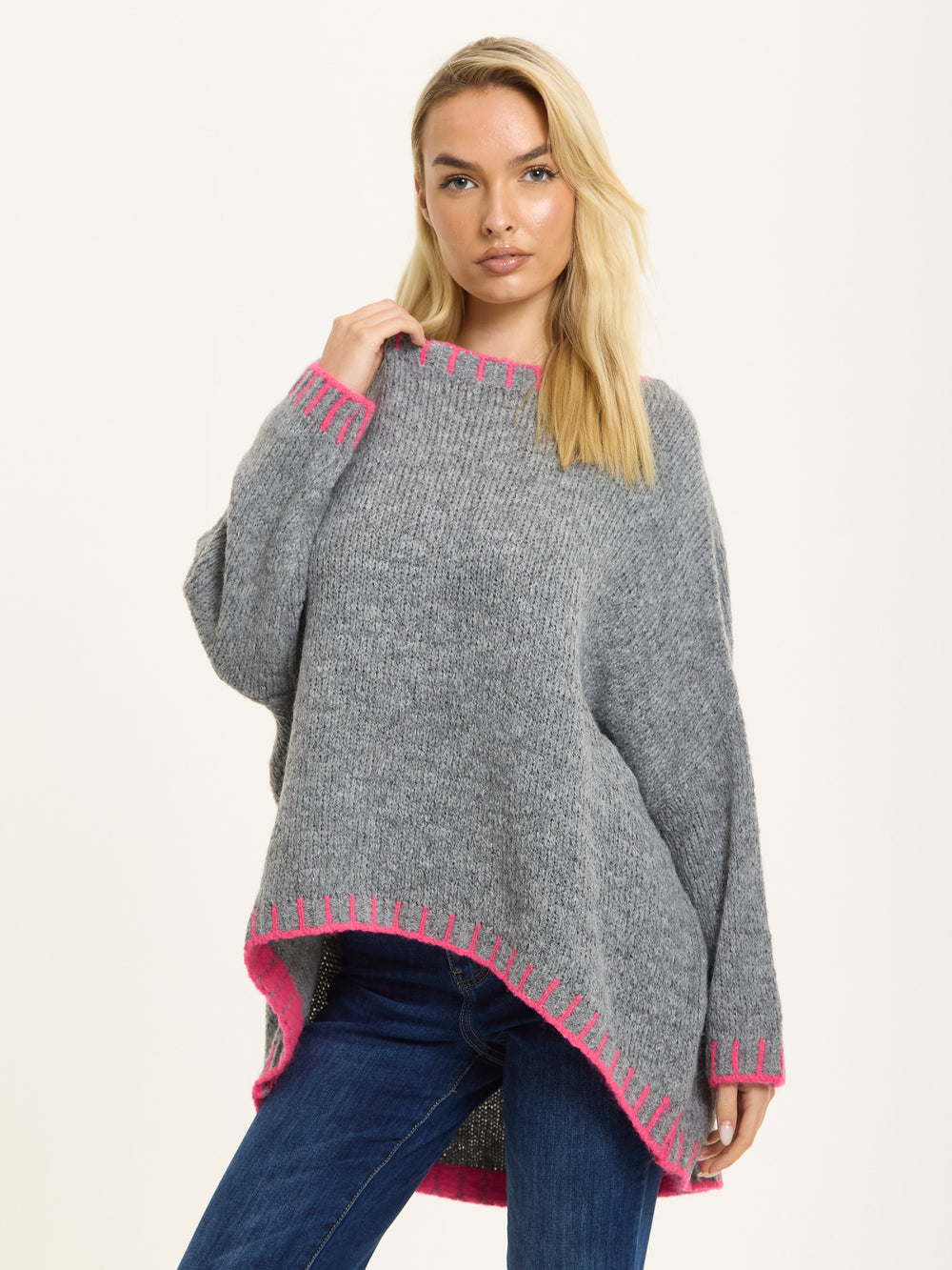 Grey Wool Blend Jumper Neon Pink Trim