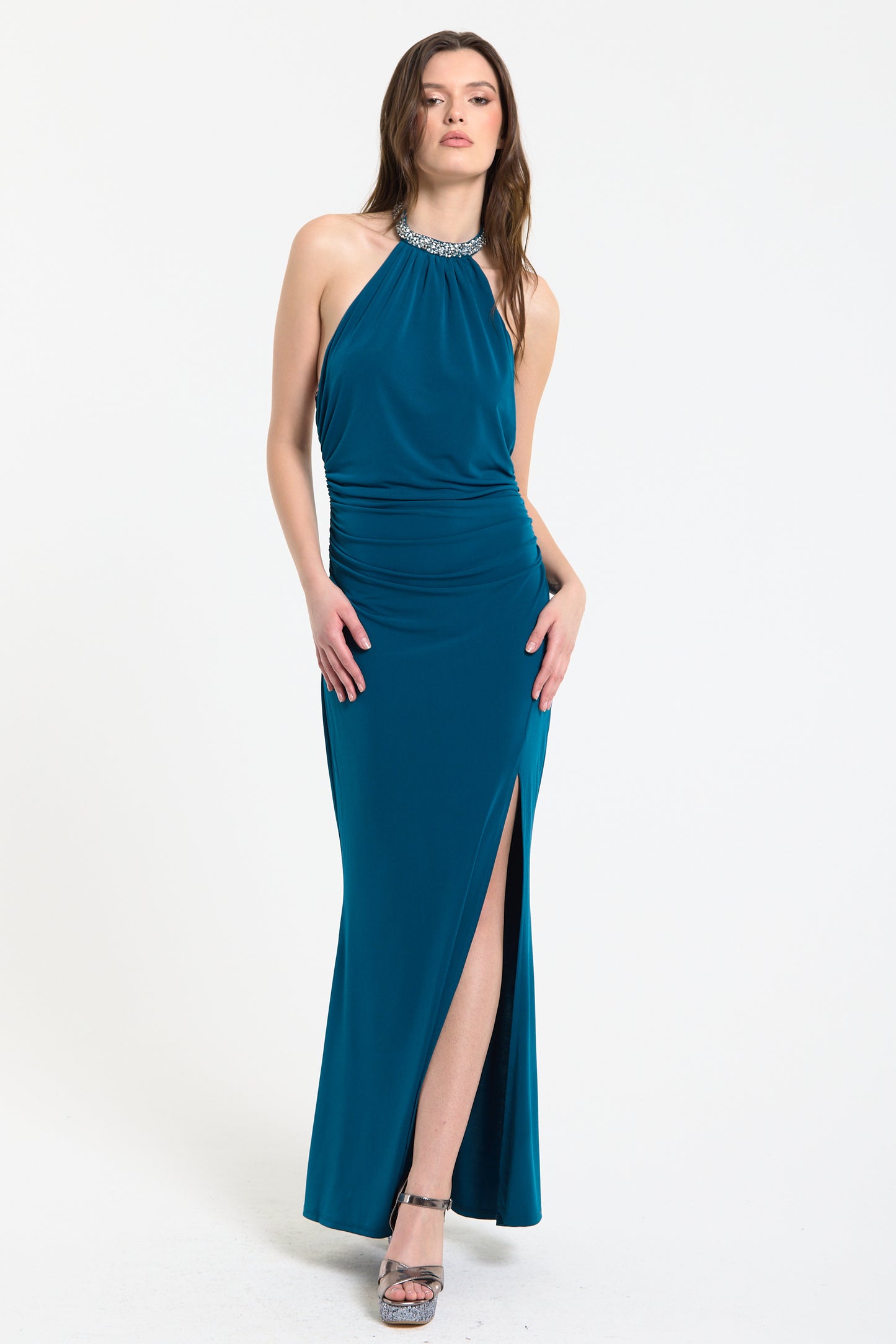
                  
                    Teal Embellished Halter Neck Maxi Dress
                  
                
