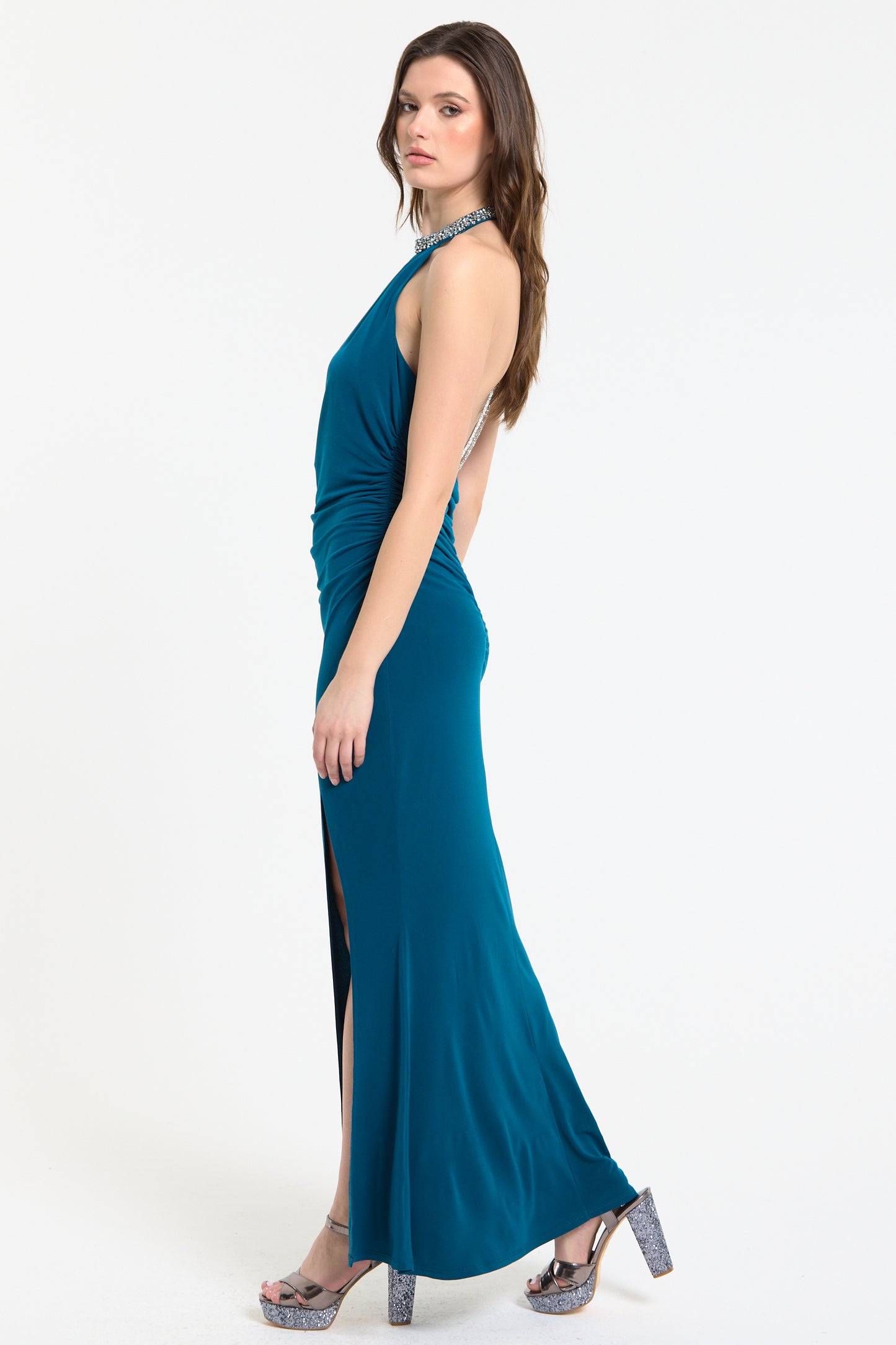
                  
                    Teal Embellished Halter Neck Maxi Dress
                  
                