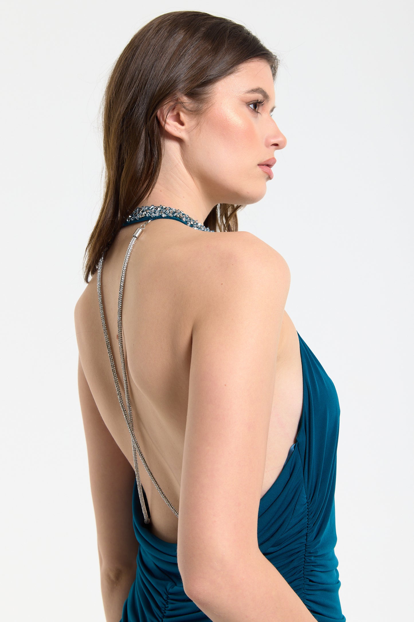 
                  
                    Teal Embellished Halter Neck Maxi Dress
                  
                