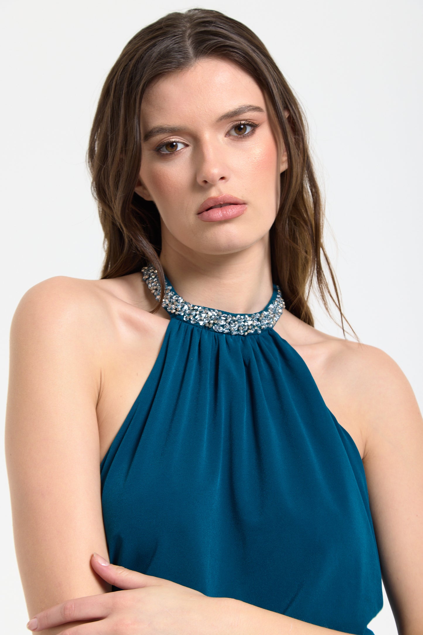 
                  
                    Teal Embellished Halter Neck Maxi Dress
                  
                