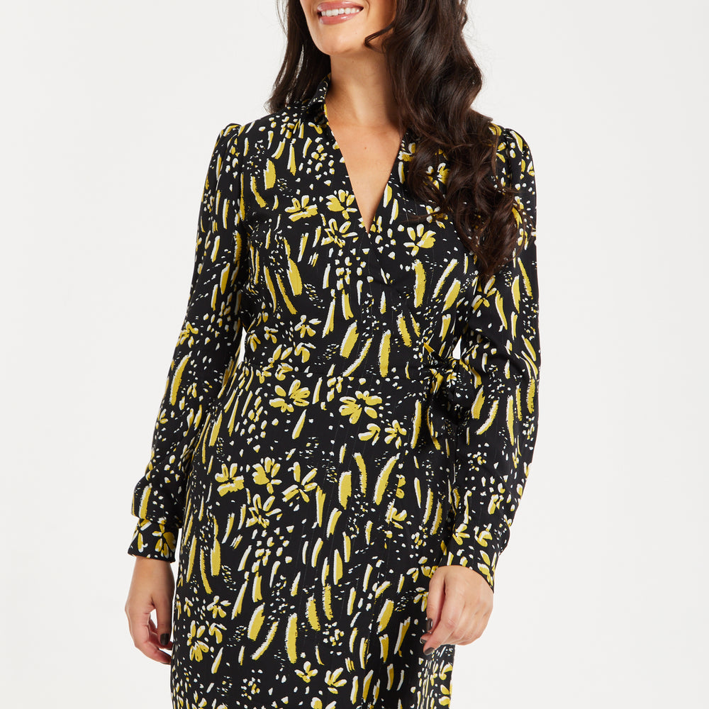 
                  
                    Women's Mini Dress in Black & Yellow with Long Flared Sleeves, Collar Tie-Side Detail - Liquorish
                  
                