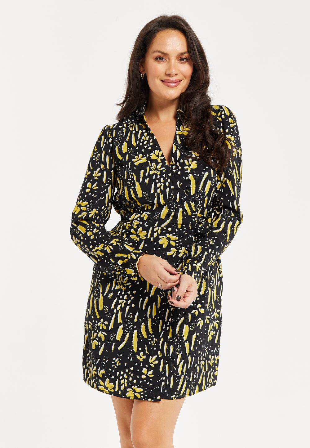 Women's Mini Dress in Black & Yellow with Long Flared Sleeves, Collar Tie-Side Detail - Liquorish