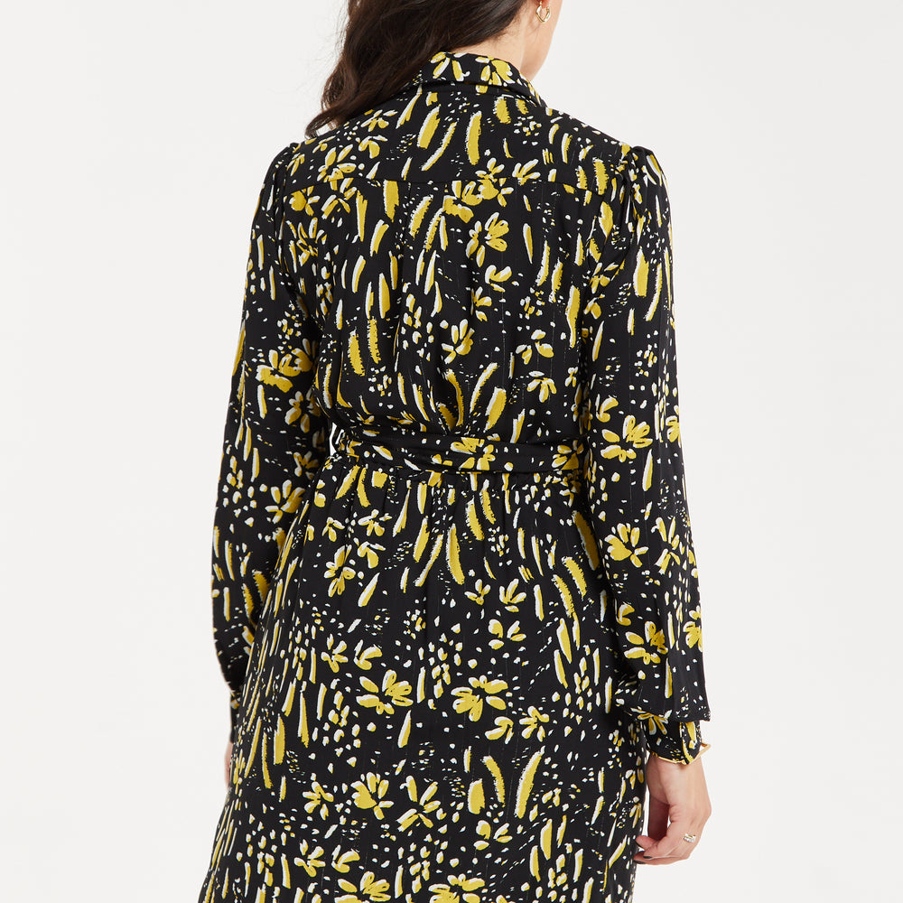 
                  
                    Women's Mini Dress in Black & Yellow with Long Flared Sleeves, Collar Tie-Side Detail - Liquorish
                  
                