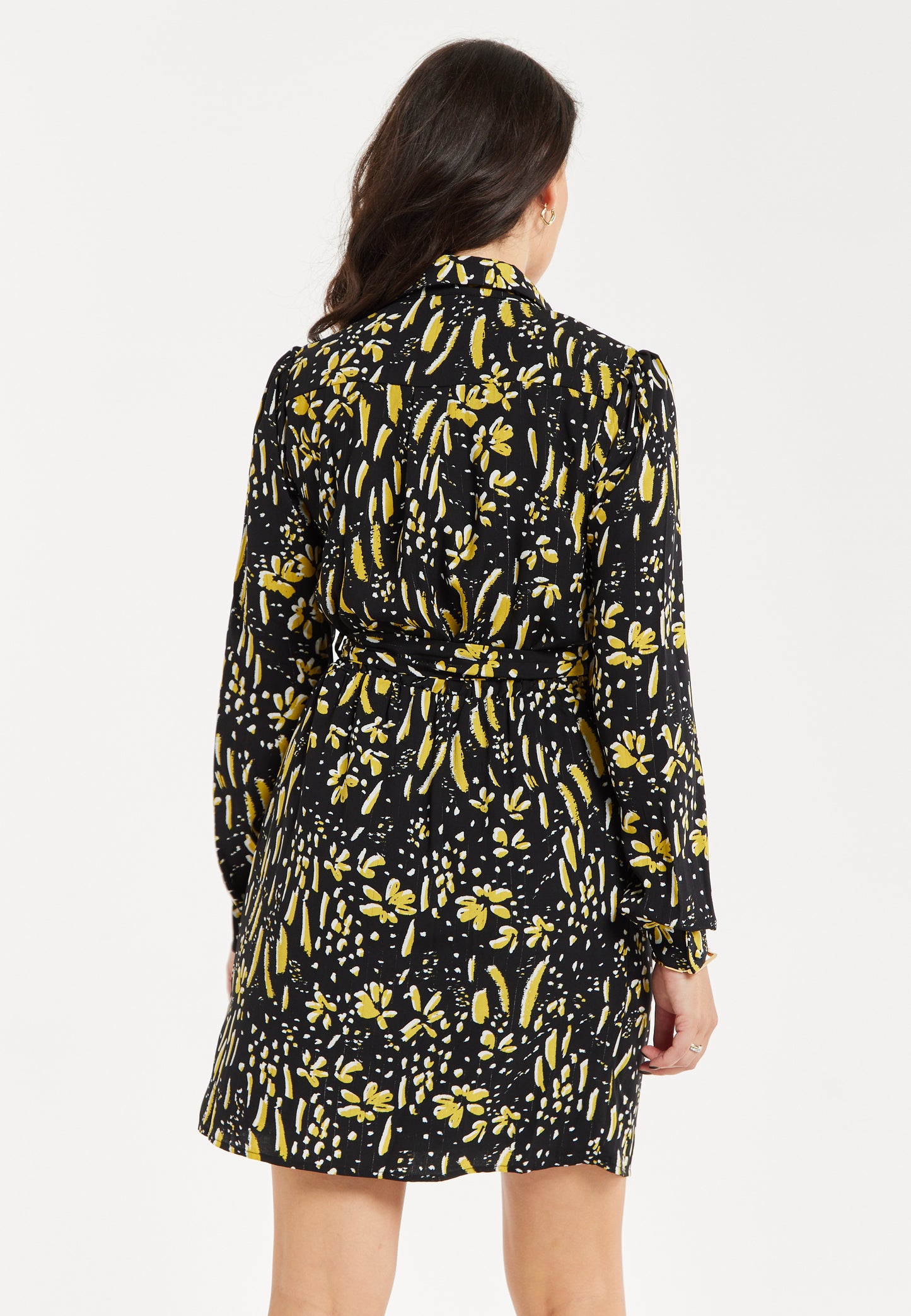 
                  
                    Women's Mini Dress in Black & Yellow with Long Flared Sleeves, Collar Tie-Side Detail - Liquorish
                  
                